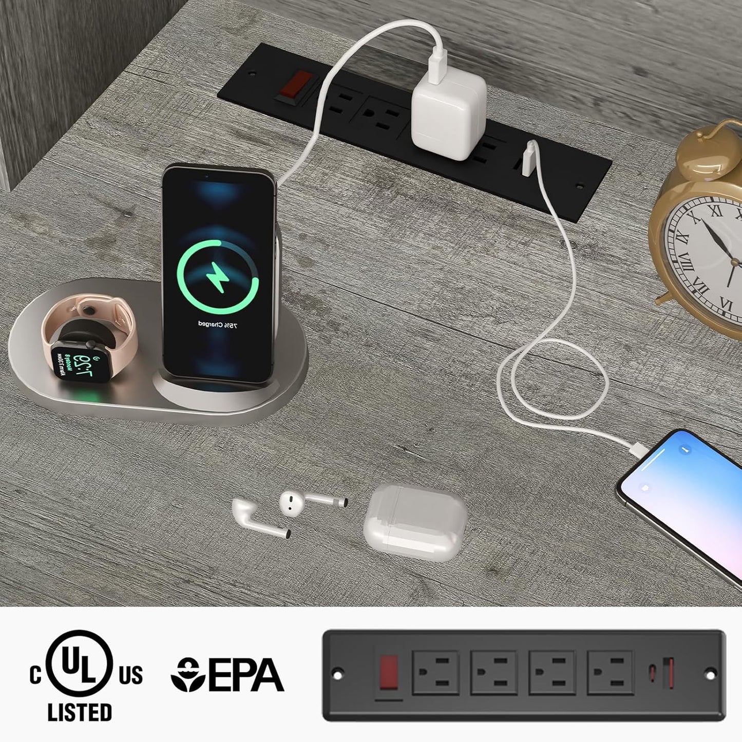 67''H Farmhouse Executive Desk with Hutch & 5 Drawers, Rustic Office Desks Computer Desks with Charging Station, File Drawers and Storage Cabinets, Wood Workspace for Home Office & Study,Grey.