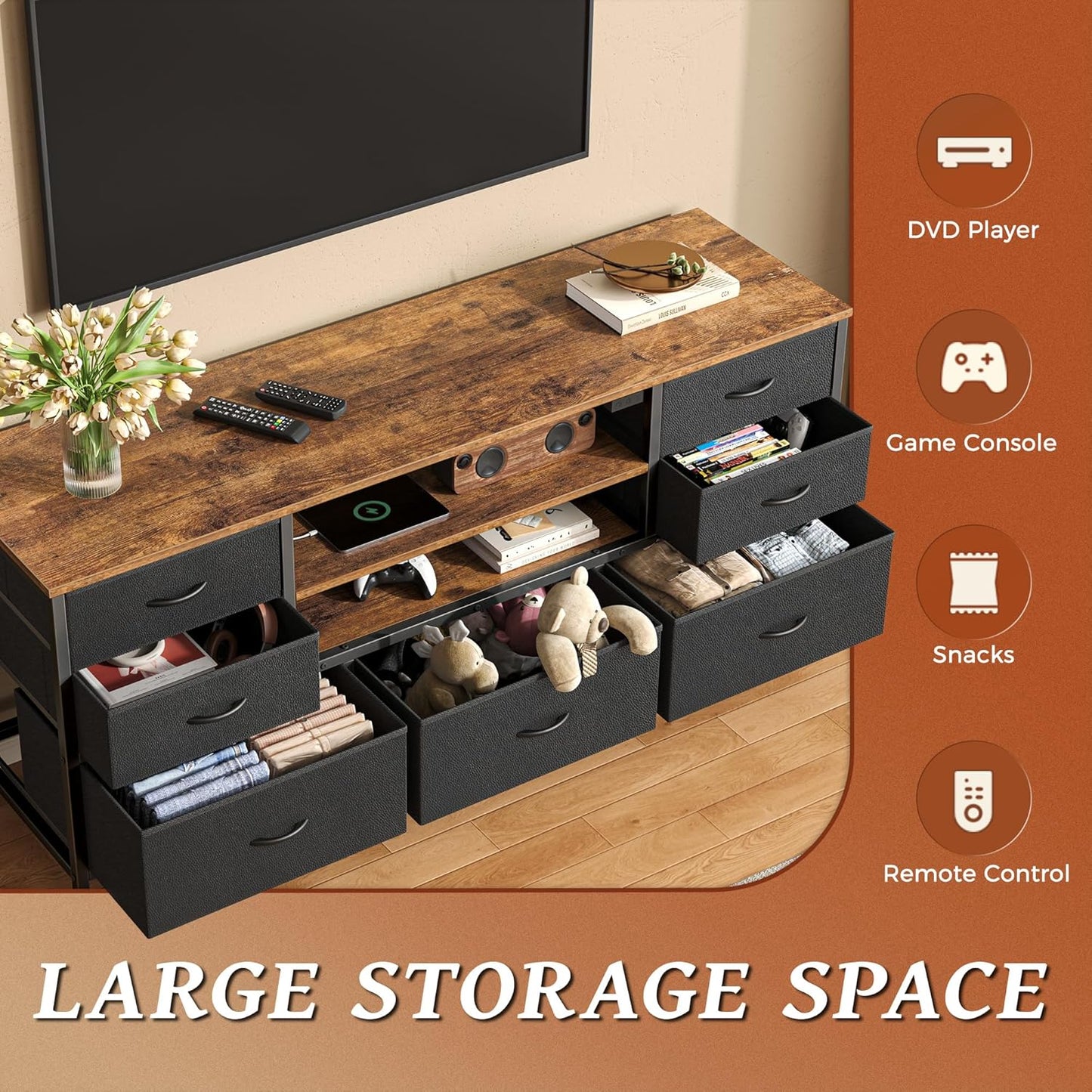 Huuger TV Stand Dresser with Power Outlets and LED Lights, 7 Drawers, 47 Inch Console, Rustic Brown and Black