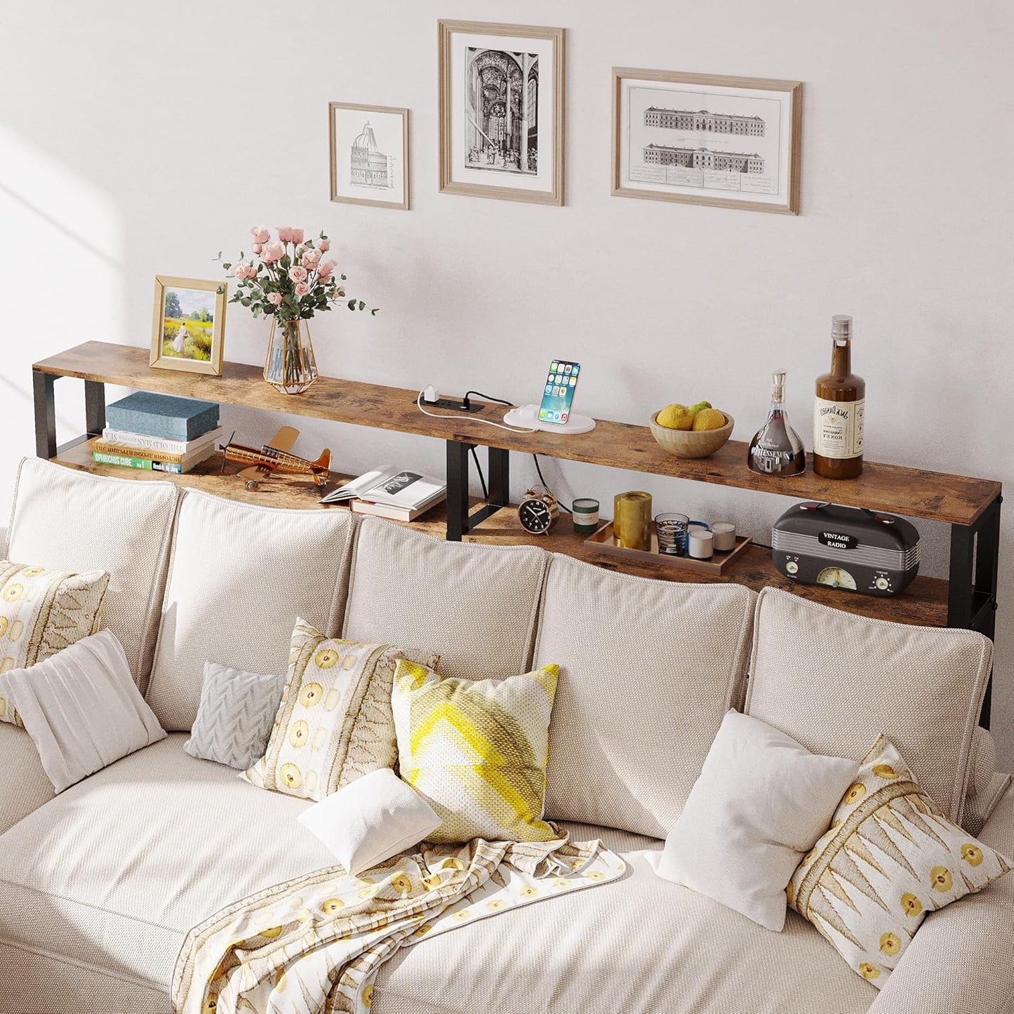 IRONCK Console Table with Power Outlet, Long Sofa Table with Shelves and X-Shaped Design, Narrow Sofa Entryway Behind Couch Table for Living Room and Hallway, Vintage Brown