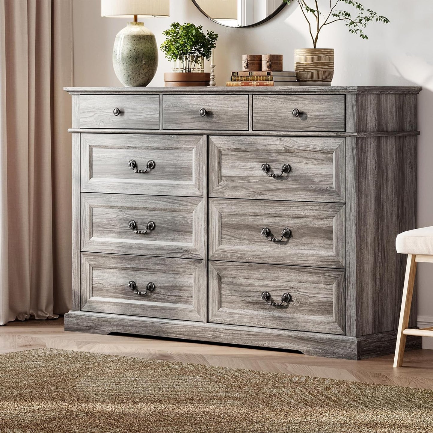LINSY HOME Updated Dresser for Bedroom with 9 Drawers, Wide Chest of Drawers, Wooden Tall Bedroom Dresser, Storage Organizer for Closet, Living Room, Hallway, Grey