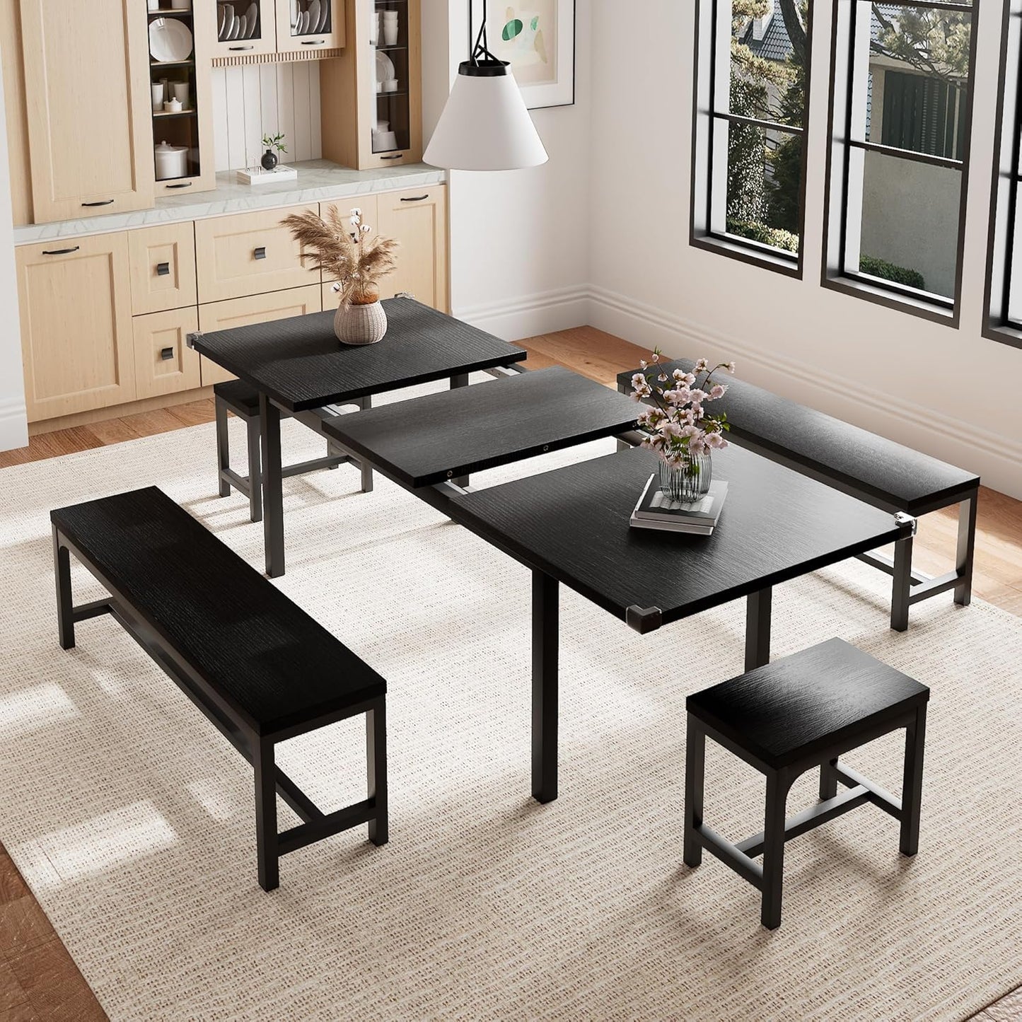 5-Piece Dining Table Set for 4-6, 63" Extendable Kitchen Table with 2 Benches & 2 Stools, Metal Frame & MDF Board, Farmhouse Space-Saving Dinette for Kitchen, Dining Room, Black