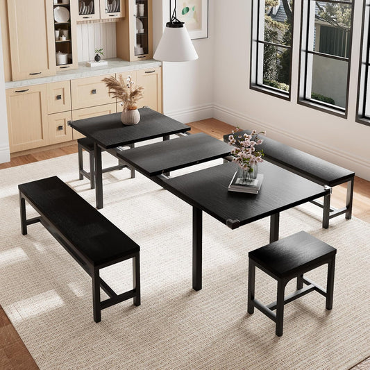 5-Piece Dining Table Set for 4-6, 63" Extendable Kitchen Table with 2 Benches & 2 Stools, Metal Frame & MDF Board, Farmhouse Space-Saving Dinette for Kitchen, Dining Room, Black