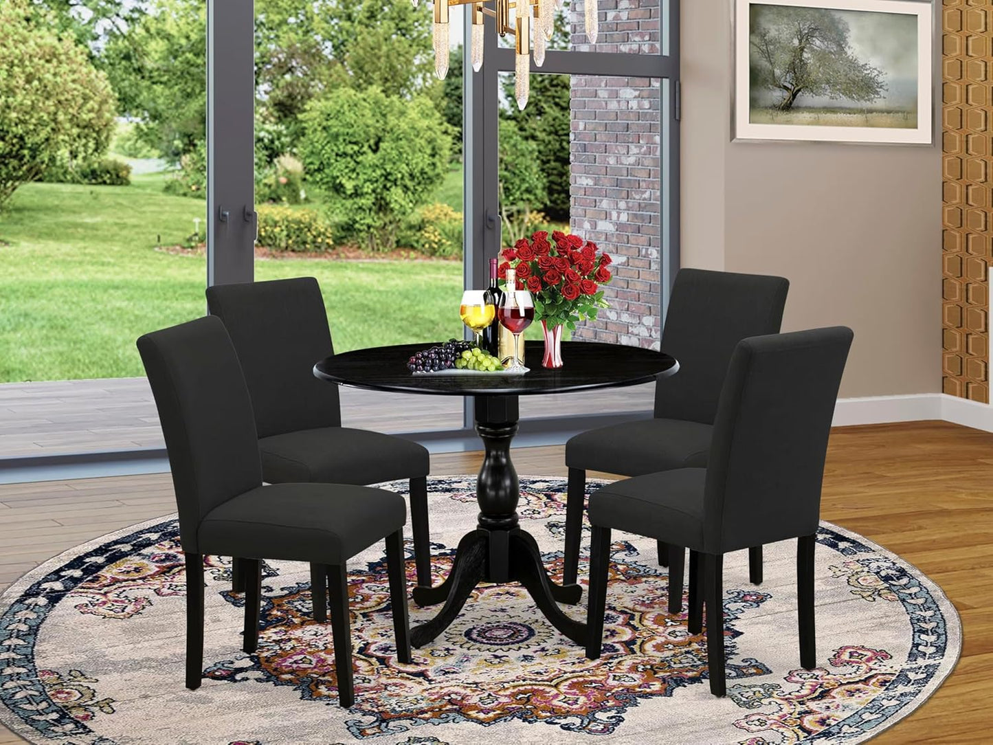 East West Furniture DMAB5-ABK-24 5 Piece Modern Dining Table Set Includes a Round Wooden Table with Dropleaf and 4 Black Color Linen Fabric Upholstered Chairs, 42x42 Inch, Wirebrushed Black