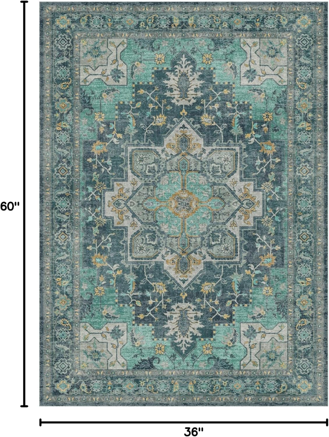GENIMO 3x5 Area Rugs for Living Room, Machine Washable Non Slip Vintage Rugs, Low Pile Lightweight Chenille Print Rug for Bedroom, Dining Room, Home Office, Dark Green