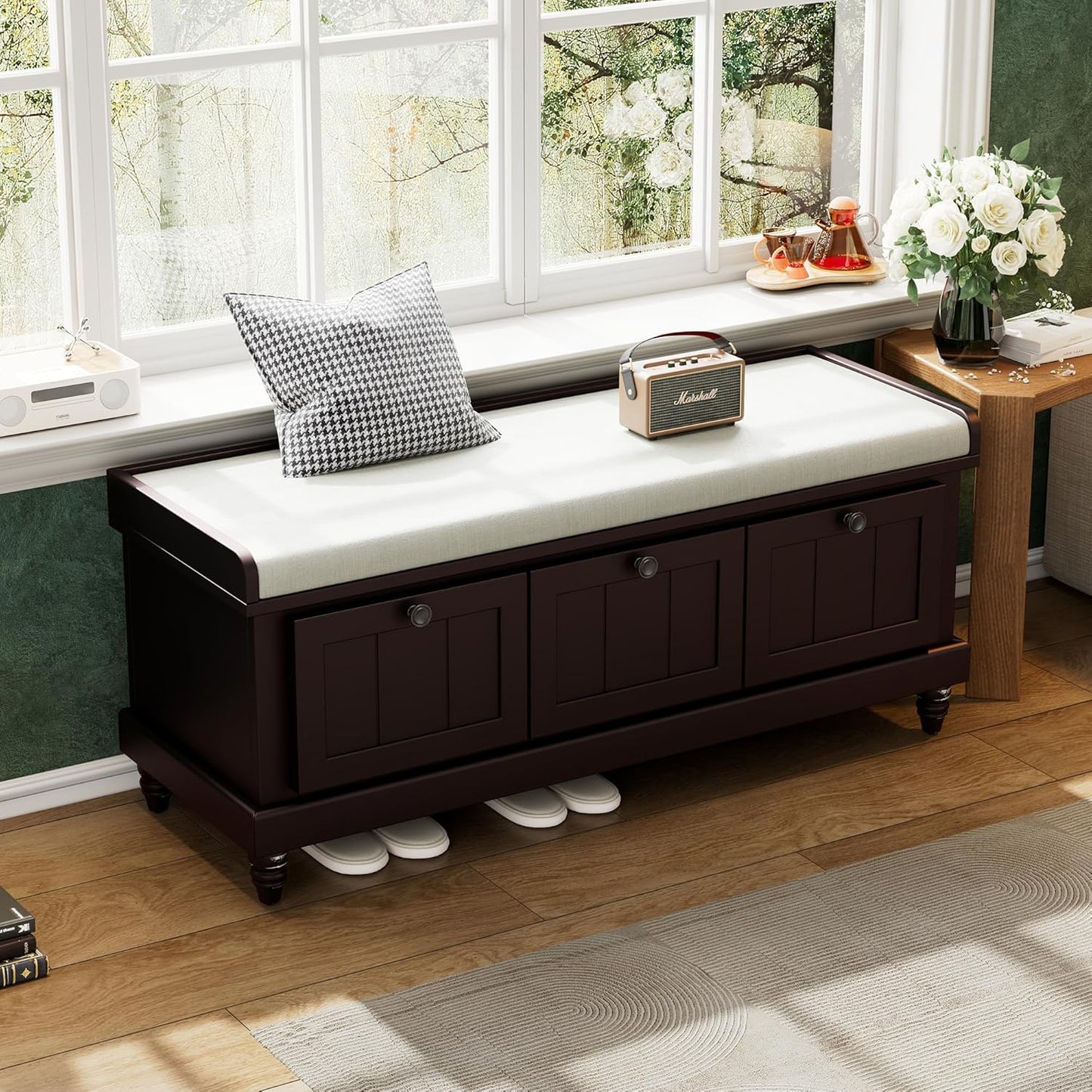 Merax Classic Storage Bench with Cushioned Seat and Three Drawers for Entryway & Living Room & Bedroom, Espresso