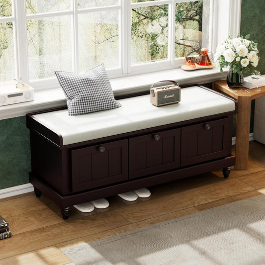 Merax Classic Storage Bench with Cushioned Seat and Three Drawers for Entryway & Living Room & Bedroom, Espresso