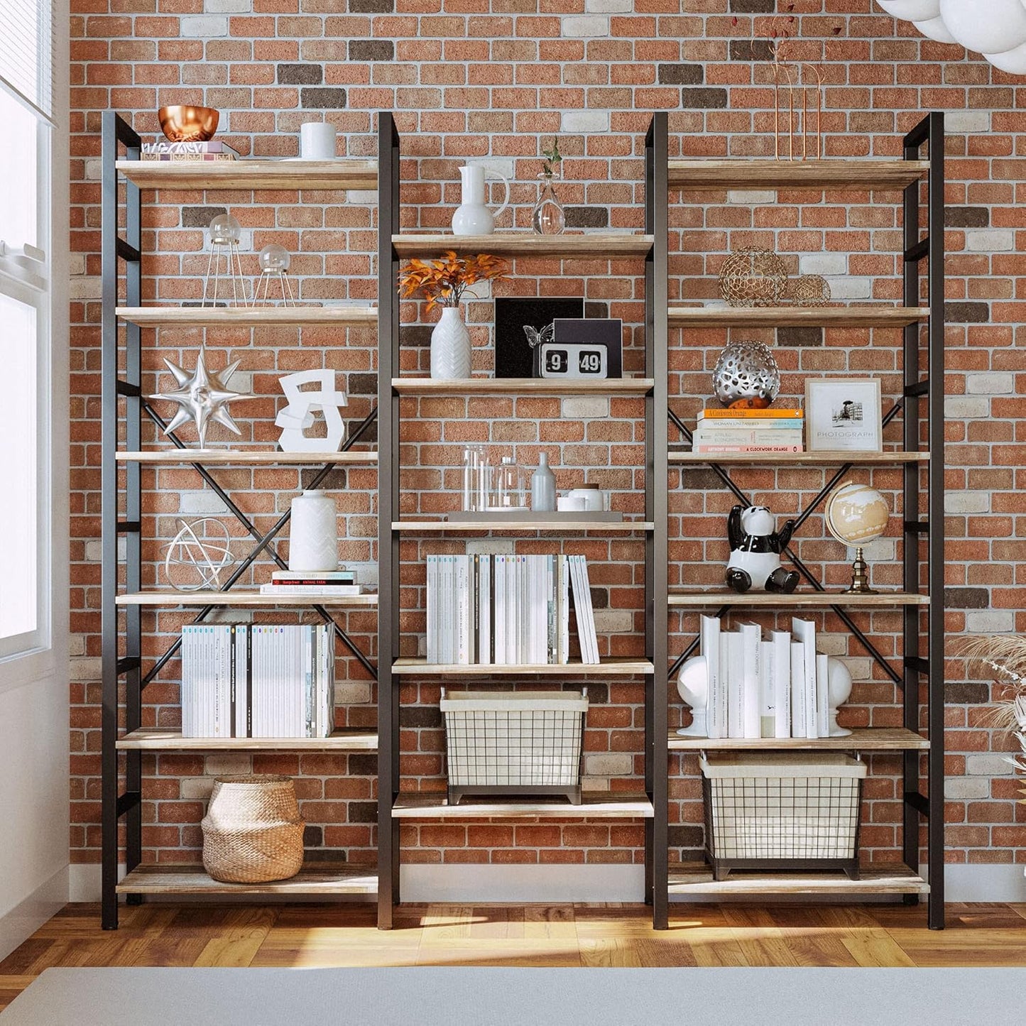 IRONCK Bookshelves 6 Tiers Triple Wide Industrial Bookshelf, Large Etagere Bookshelf Open Display Shelves with Metal Frame for Living Room Bedroom Home Office