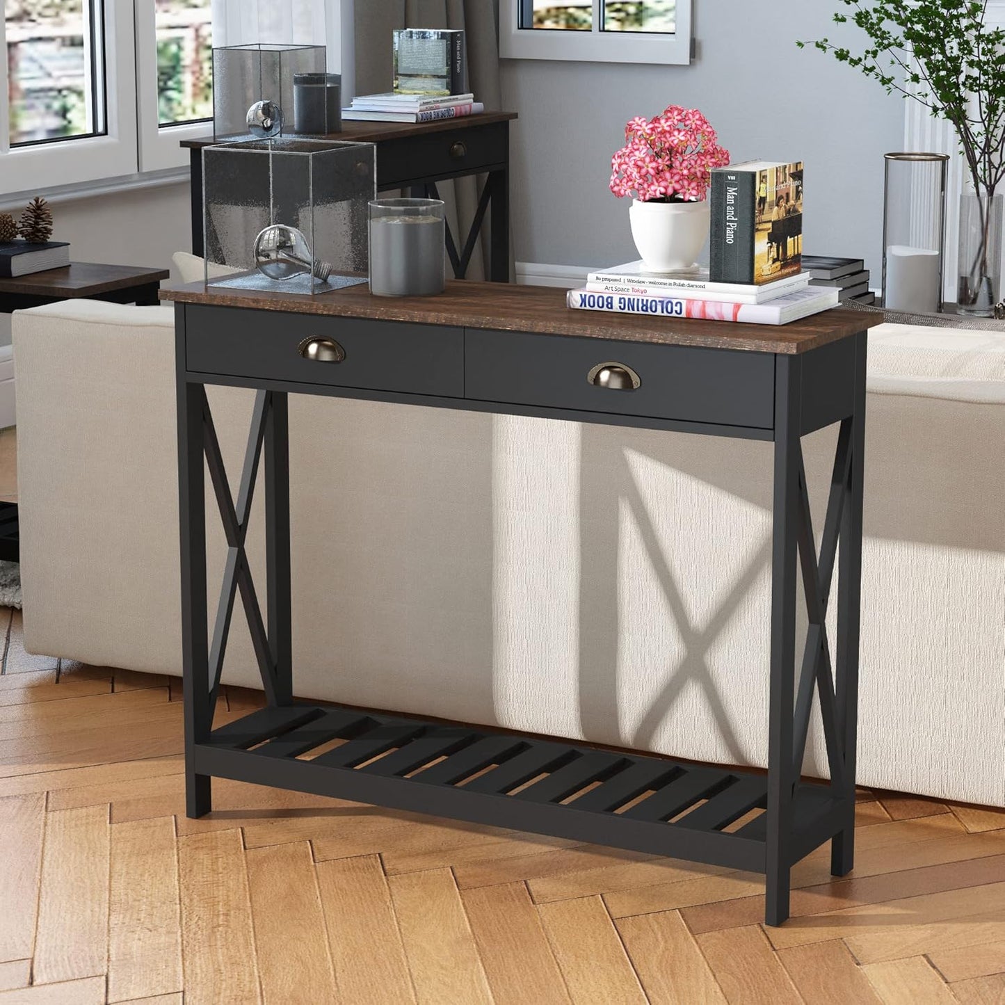 ChooChoo Farmhouse Console Table with Drawer for Entryway, Narrow Long Entry Table with Shelf for Living Room, Rustic Vintage Hallway Sofa Table with Stable X Supports, 40 Black