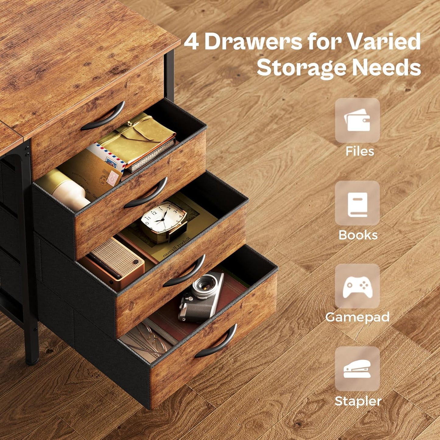 Huuger 63 Inch Computer Desk with 4 Drawers and Mesh Shelf, Gaming and Work Desk for Home Office, Study, Bedroom, Work from Home, Rustic Brown