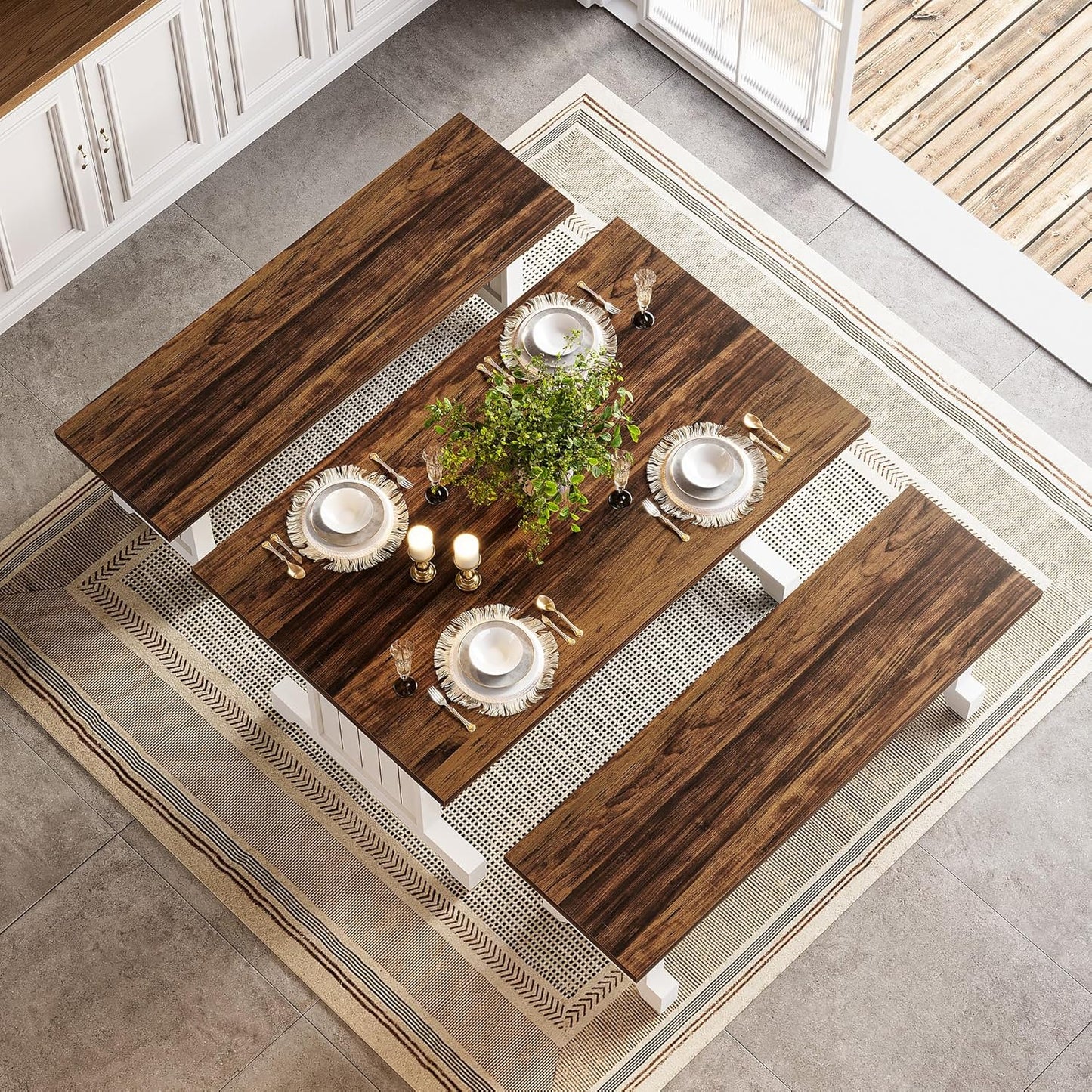 LITTLE TREE Dining Table Set for 4 with 2 Benches, Modern Kitchen Table with MDF Board, Space-Saving Dinette for Kitchen, Dining Room, Brown and White