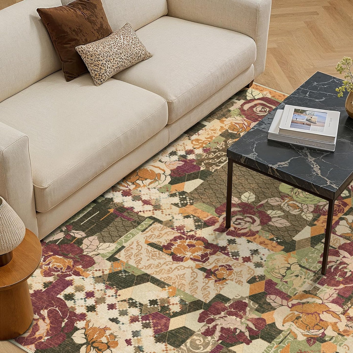 GENIMO 5X7 Floral Area Rugs for Living Room, Machine Washable Non Slip Vintage Patchwork Washable Rug, Ultra-Thin Low Pile Chenille Rugs for Bedroom, Dining Room, Auburn Cinnamon