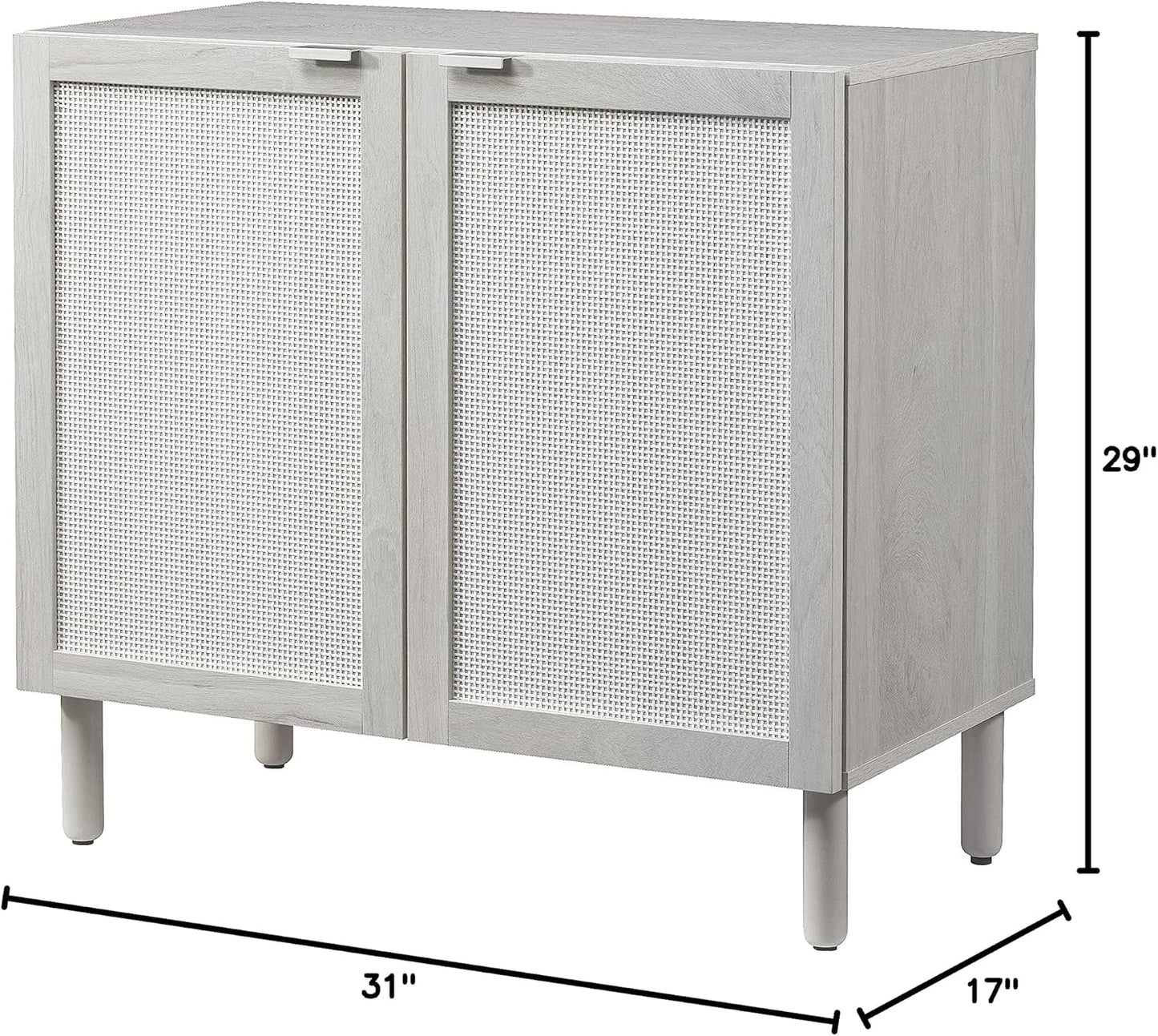 Sango Orre 2-Door Cabinet, Modern Sand Storage Cabinet with Synthetic Rattan Door Panels, Adjustable Shelf, Cylindrical Wood Legs, Discreet Finger Pulls, Elegant Furniture for Living or Dining Room