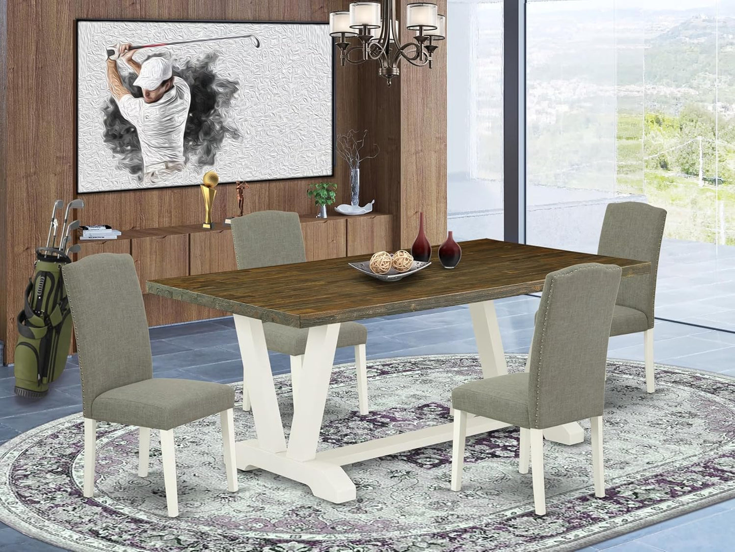 East West Furniture V077EN206-5 5 Piece Modern Dining Table Set Includes a Rectangle Wooden Table with V-Legs and 4 Dark Shitake Linen Fabric Parsons Dining Chairs, 40x72 Inch, Multi-Color