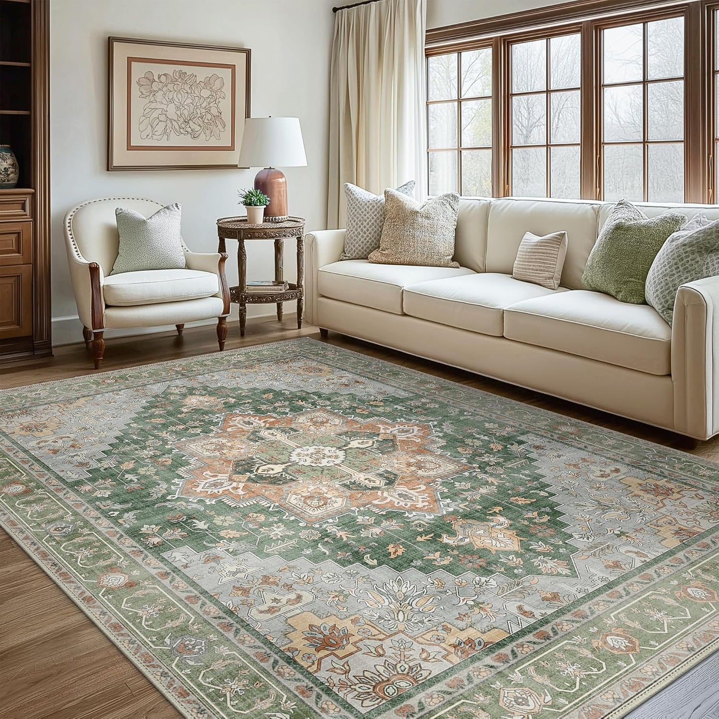 GENIMO 5x7 Area Rugs for Living Room, Machine Washable Non Slip Vintage Rugs, Low Pile Lightweight Chenille Print Rug for Bedroom, Dining Room, Home Office,Sage Green