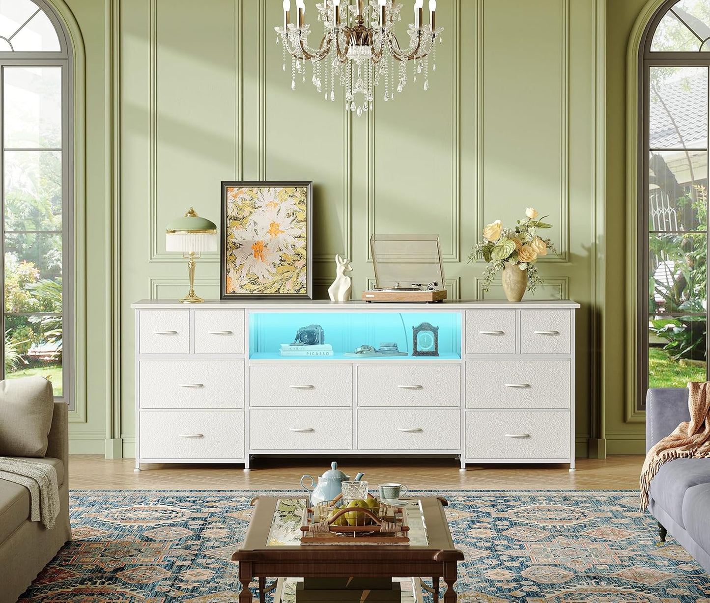 Huuger 63 Inch Dresser TV Stand with LED Lights, Power Outlets and USB-C Port, 12 Fabric Drawer Dresser for Bedroom, Wide Entertainment Center for 65, 70 Inch TV, Media Console, Open Shelf, White