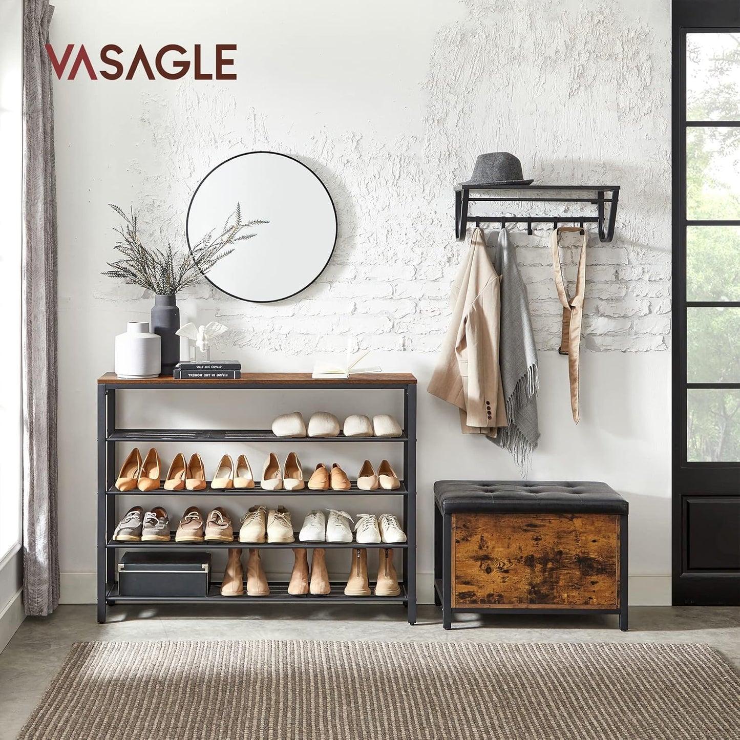 VASAGLE 5 Tier Shoe Rack for Closet, Entryway, 20-25 Pairs of Shoes, Large Shoe Organizer with 4 Metal Mesh Shelves, 11.8 x 47.2 x 36.4 Inches, Rustic Brown and Black ULBS205B01