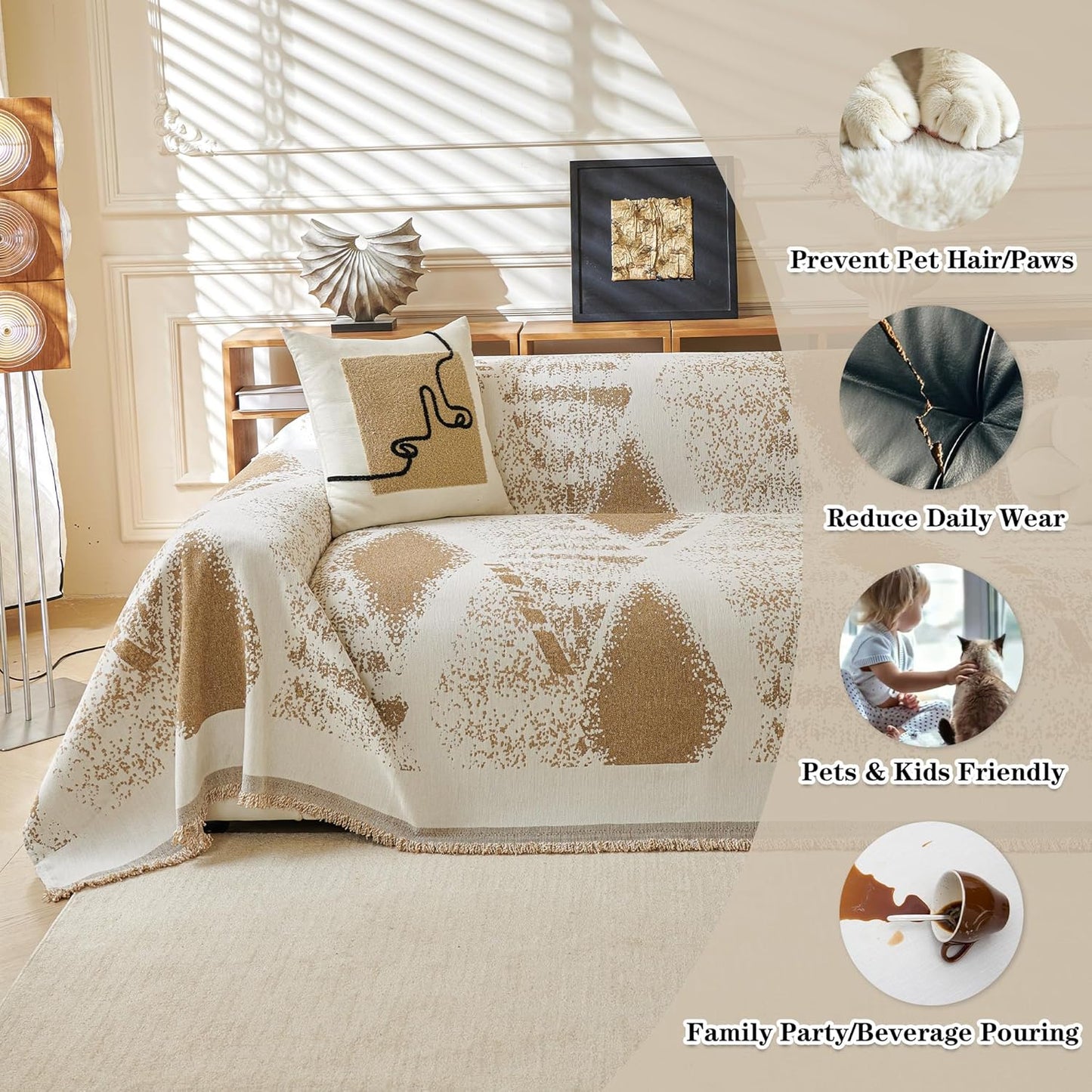 MYSKY HOME Couch Cover for Dogs Washable Khaki Rhombic Couch Sofa Protector Dogs Pets Friendly Chenille Geometric Sofa Covers Soft Durable Farmhouse Sofa Slipcovers, 71" X102"