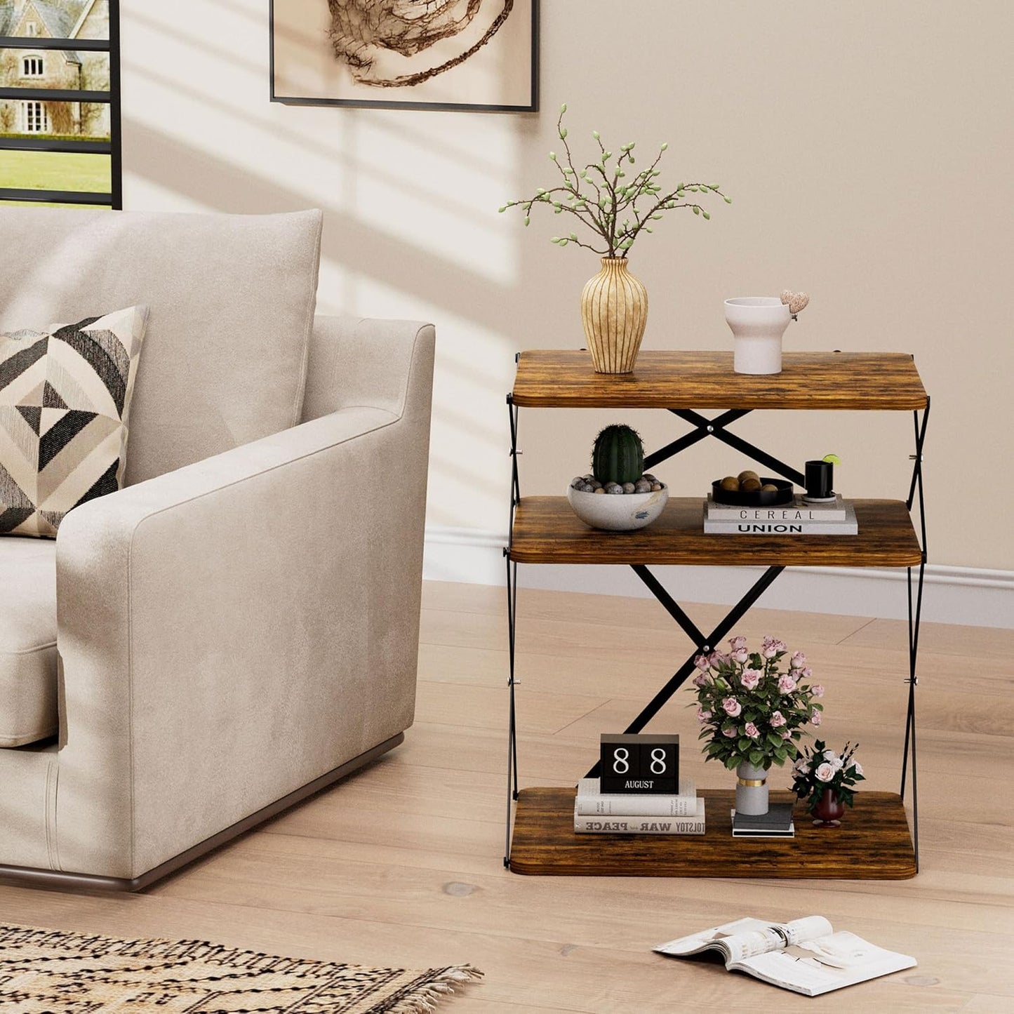 3-Tier End Table Small Side Table Tall Bedside Night Stand with Storage Sofa Side desks for Living Room Bedroom Office Bathroom Small Space Rustic Brown ET-04RB