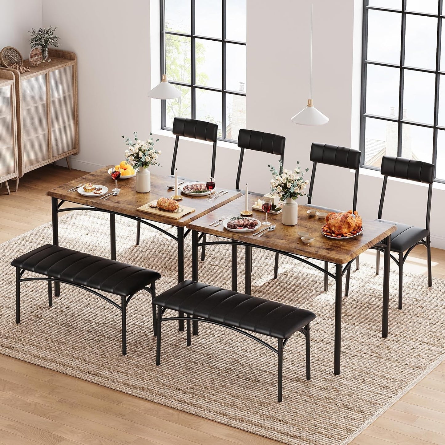 Dining Table Set for 4, Small Dining Table Set with Upholstered Bench and 2 Chairs, Kitchen Table and Chairs for 4, for Small Space, Apartment, Dinner, Rustic Brown