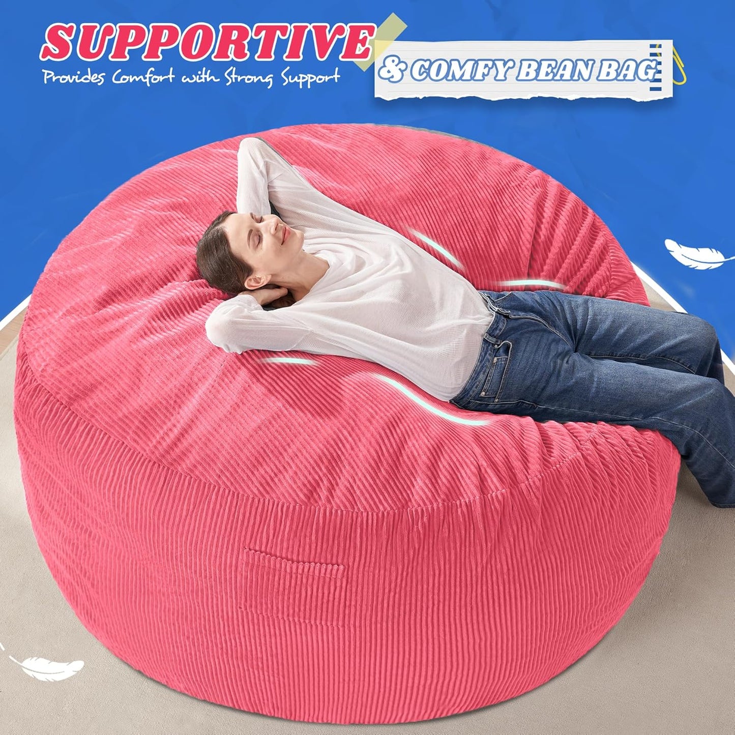 HABUTWAY 6FT Bean Bag Chair,Giant Bean Bag Chairs for Adults,Big Bean Bags with Memory Foam Filled, Large Beanbag Chairs with Soft Corduroy Cover-Pink