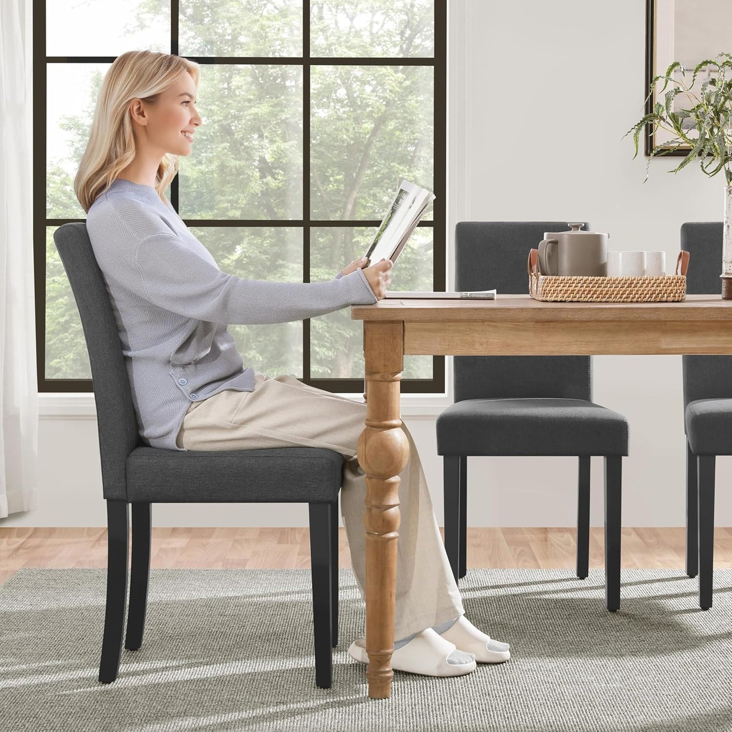 Yaheetech Dining Chairs Set of 2 Fabric Upholstered Parson Kitchen Chairs with Padded Seat and Solid Wood Legs for Dining Room/Restaurant, Dark Gray