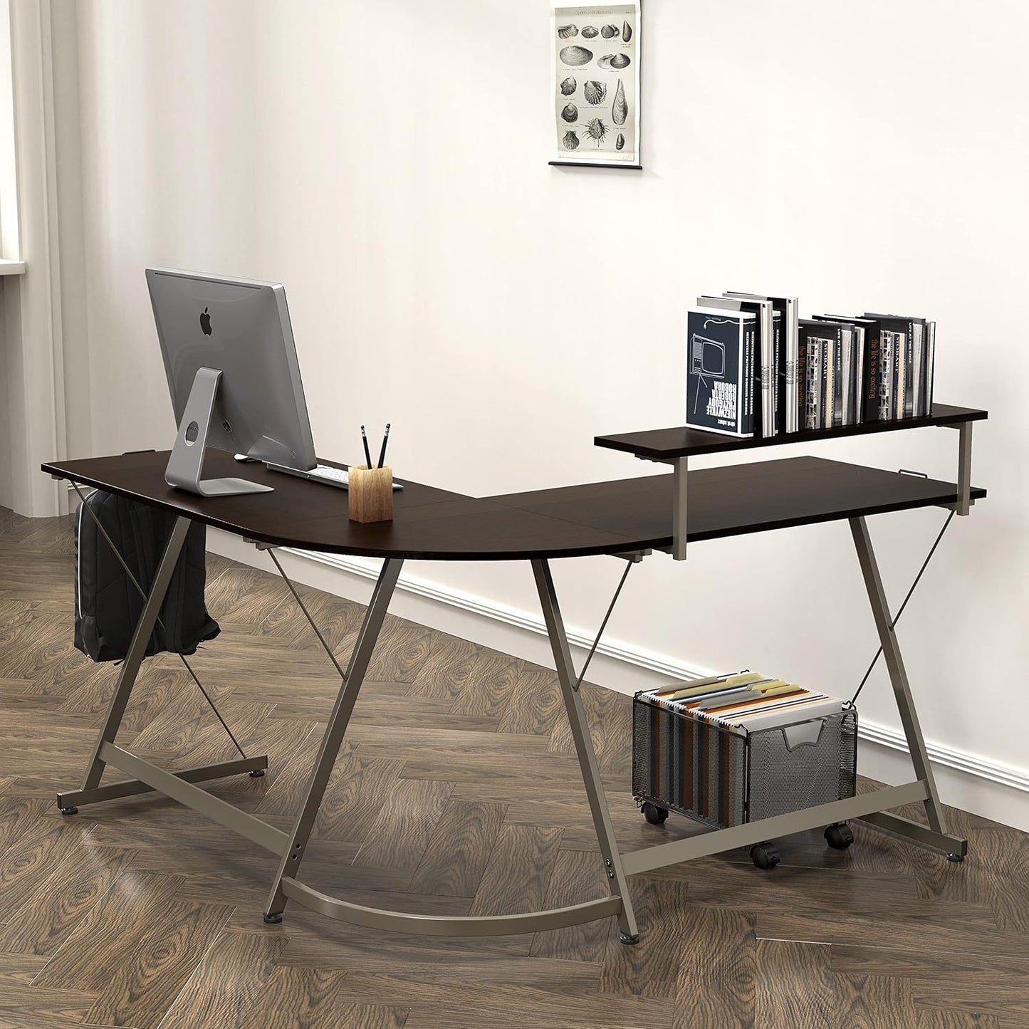 SHW 51 x 51 Inches Vista L-Shaped Desk with Monitor Stand and Drawer, Espresso