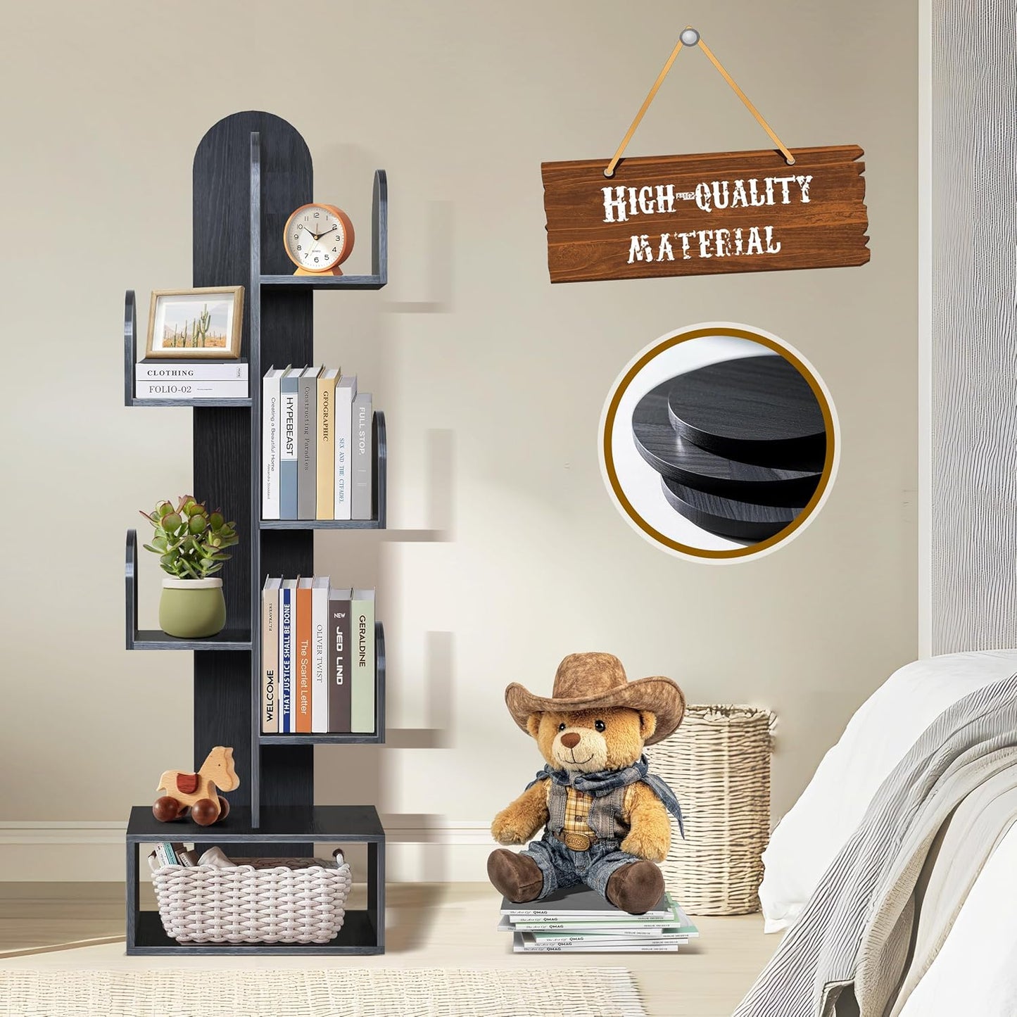 Cactus Tree Bookshelf, 5-Tier Wood 50" Tall Book Corner Storage Rack for CDs/Movies/Books, Small Space-Saving Organizer Shelves for Living Room, Bedroom, Home Office (Black)