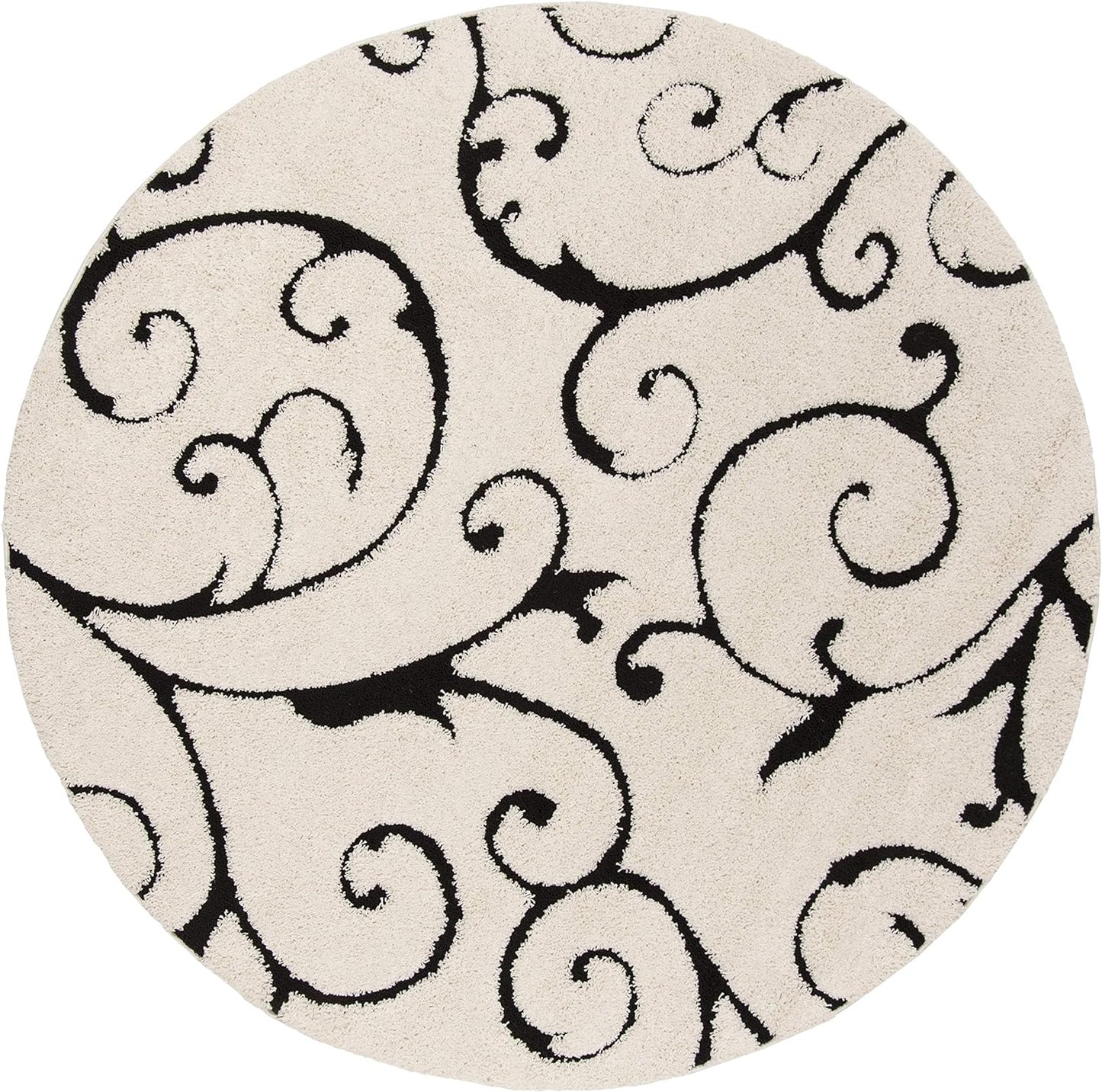 SAFAVIEH Florida Shag Collection 4' Round Ivory / Black SG455 Scrolling Vine Graceful Swirl Textured Non-Shedding Living Room Bedroom Dining Room Entryway Plush 1.2-inch Thick Area Rug