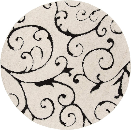 SAFAVIEH Florida Shag Collection 4' Round Ivory / Black SG455 Scrolling Vine Graceful Swirl Textured Non-Shedding Living Room Bedroom Dining Room Entryway Plush 1.2-inch Thick Area Rug