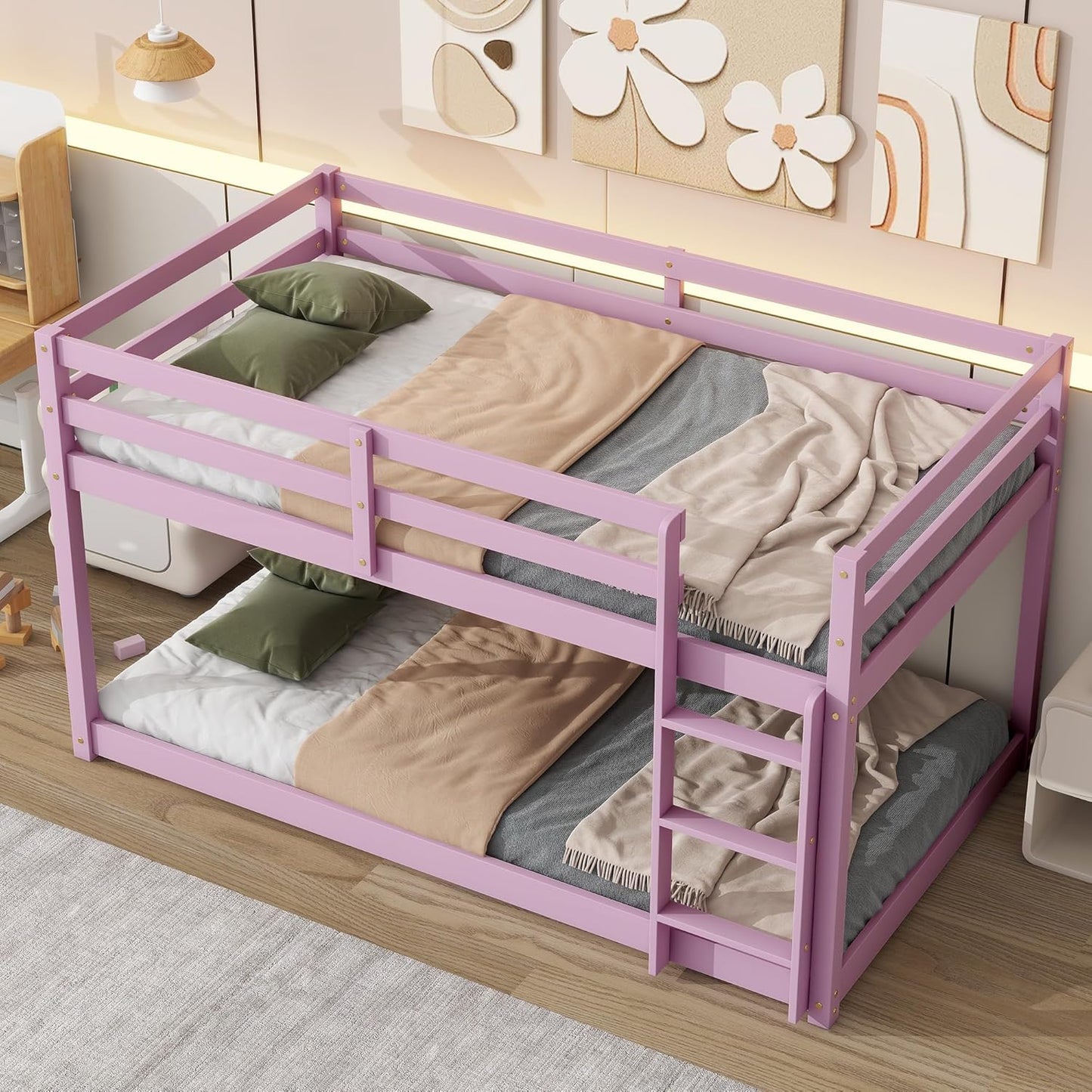 Ball & Cast Bunk Bed Twin Over Twin,Floor Bunk Bed with Ladder,Solid Rubber Wooden Bed Frame w/Full Length Guardrail,for Dormitory, No Box Spring Needed,for Kids Teens,Pink