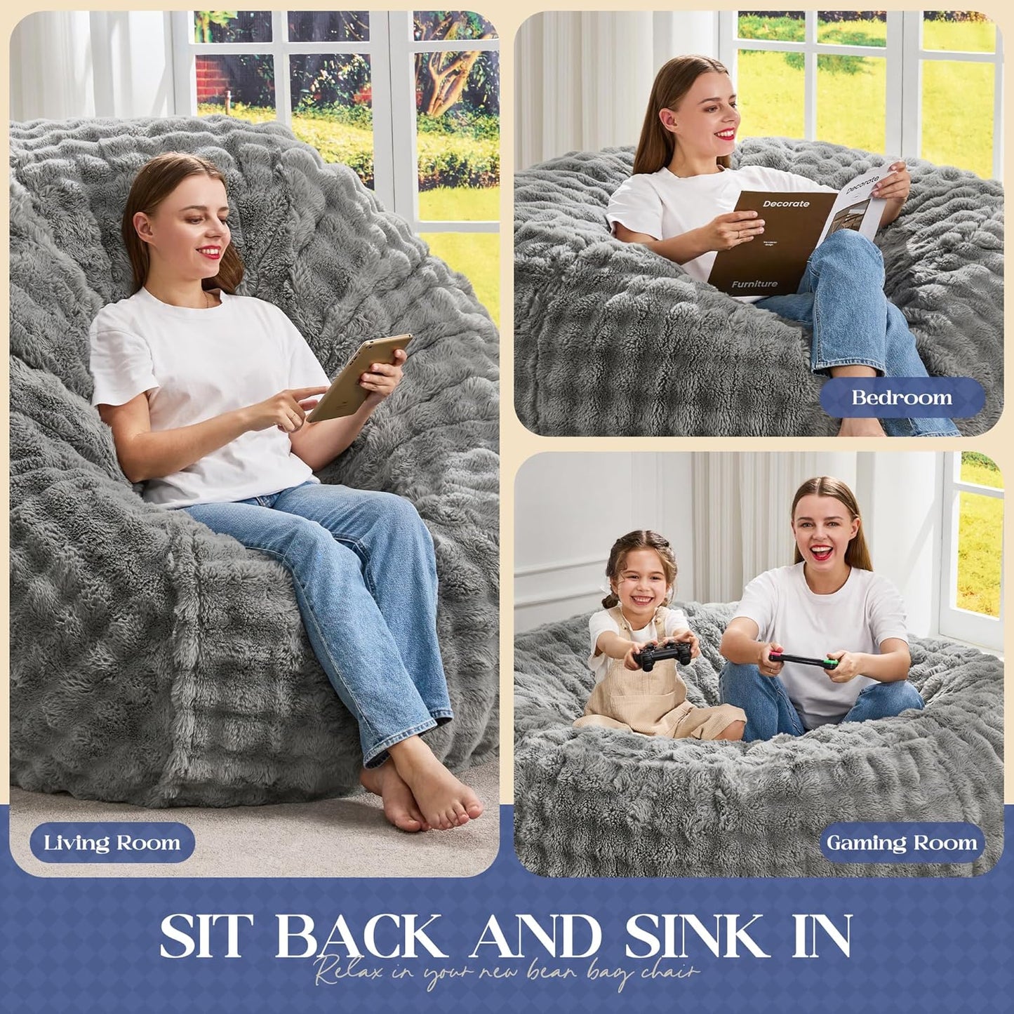 Hobestluk Bean Bag Chairs 4ft Beanbag Chair with Filler Adult Bean Bags with Fluffy & Machine Washable Cover, Giant Bean Bag Chairs for Adults (Grey, 4FT-44" x 44" x 24")