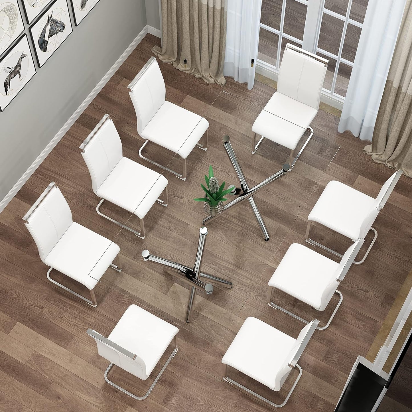 Dining Chairs Set, Kitchen Modern Metal Chairs with Faux Leather Padded Seat High Back and Sturdy Chrome Legs, Chairs for Dining Room (White, Set of 8)