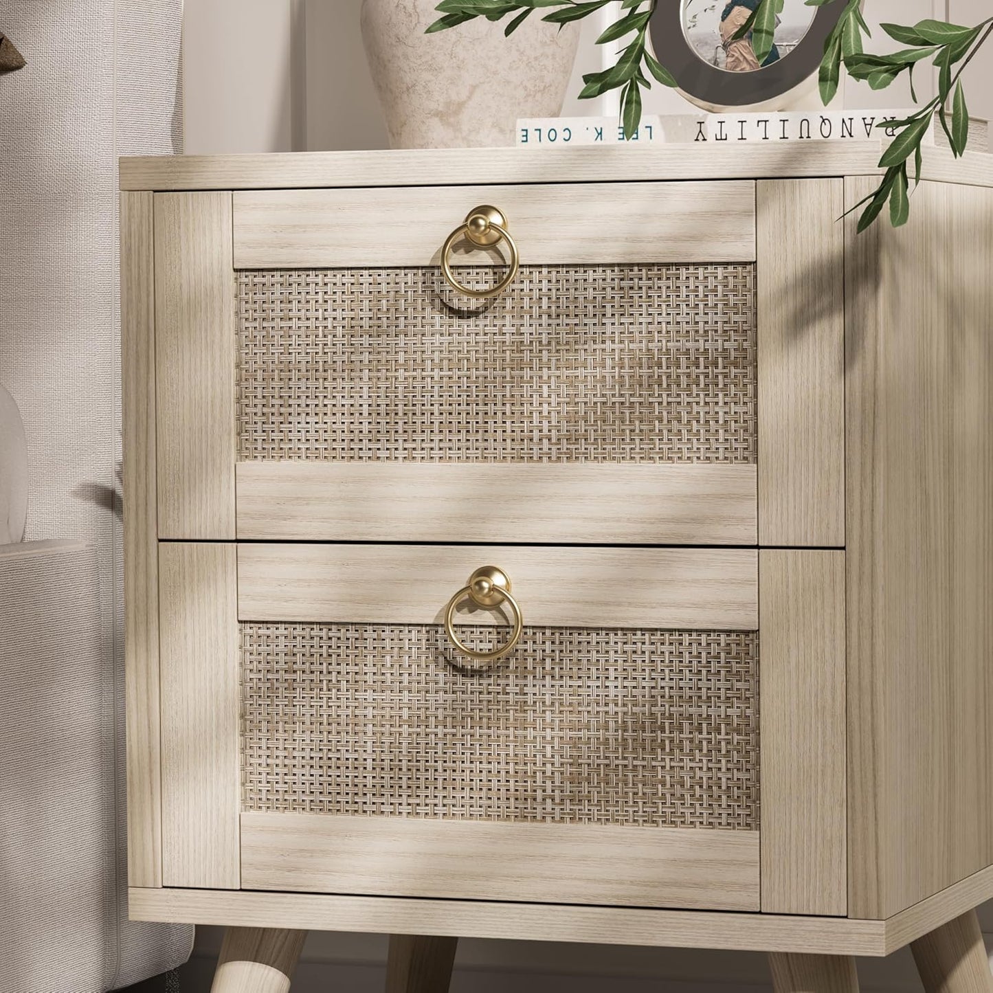 BOLUO Wooden Night Stand with 2 Drawer, Rattan Small Nightstand Boho Bedside Table for Cozy Bedroom