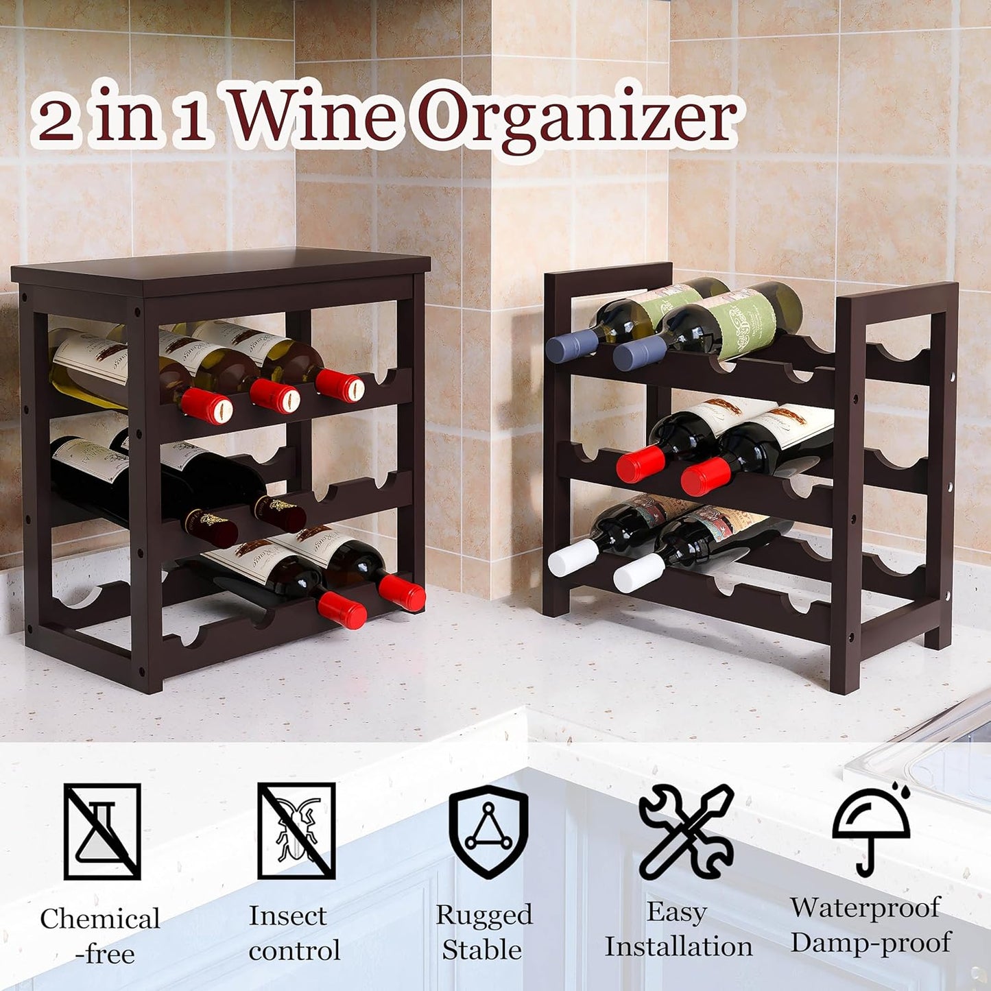 Bamboo Wine Rack, 24 Bottles Wine Display Storage Shelves with Table Top, 6 Tier Wobble-Free Floor Free Standing Table Wine Organizer, Brown