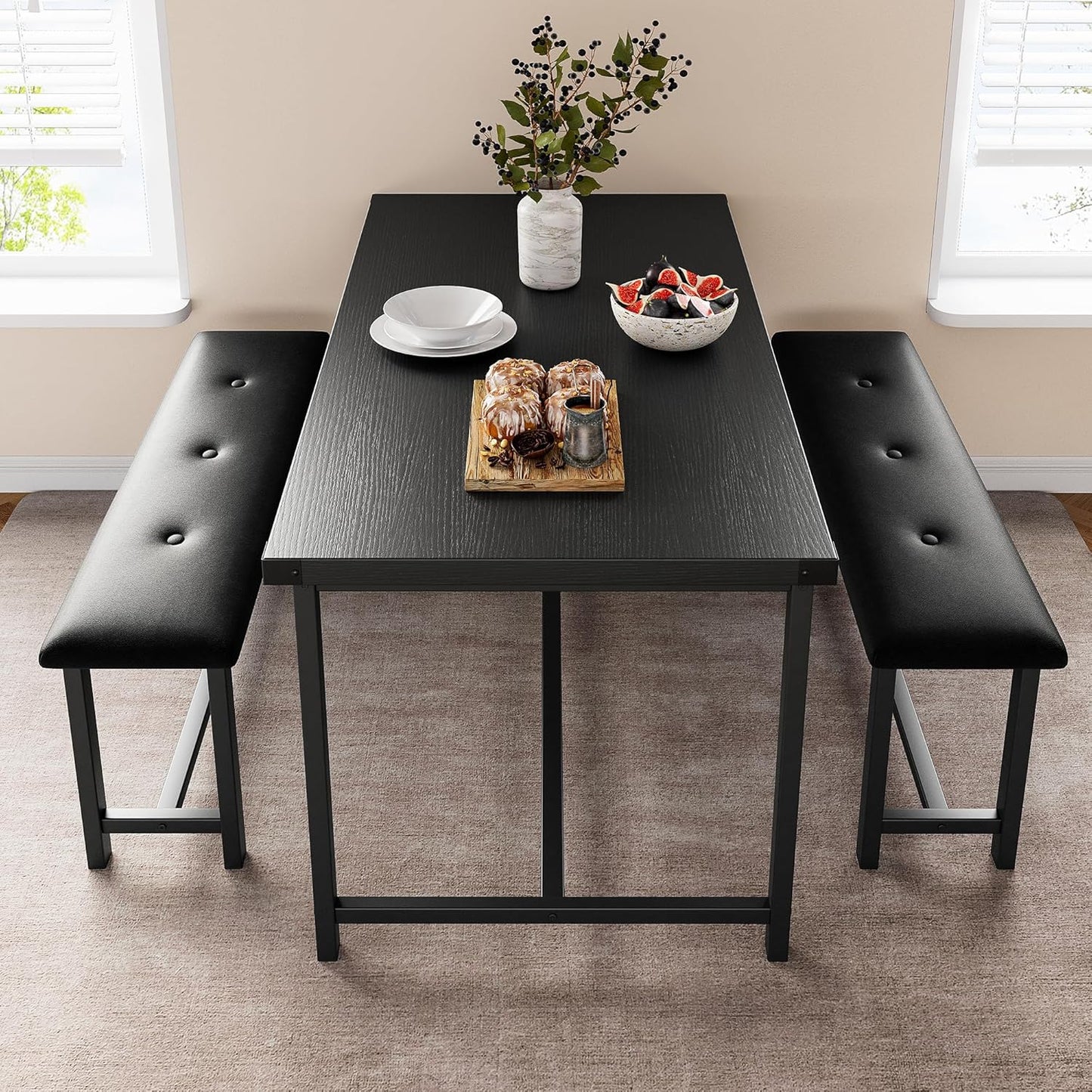 Dining Table Set for 4, Kitchen Table with 2 Upholstered Benches, 3-Piece Dining Room Set for Kitchen, Apartment and Small Spaces, Black