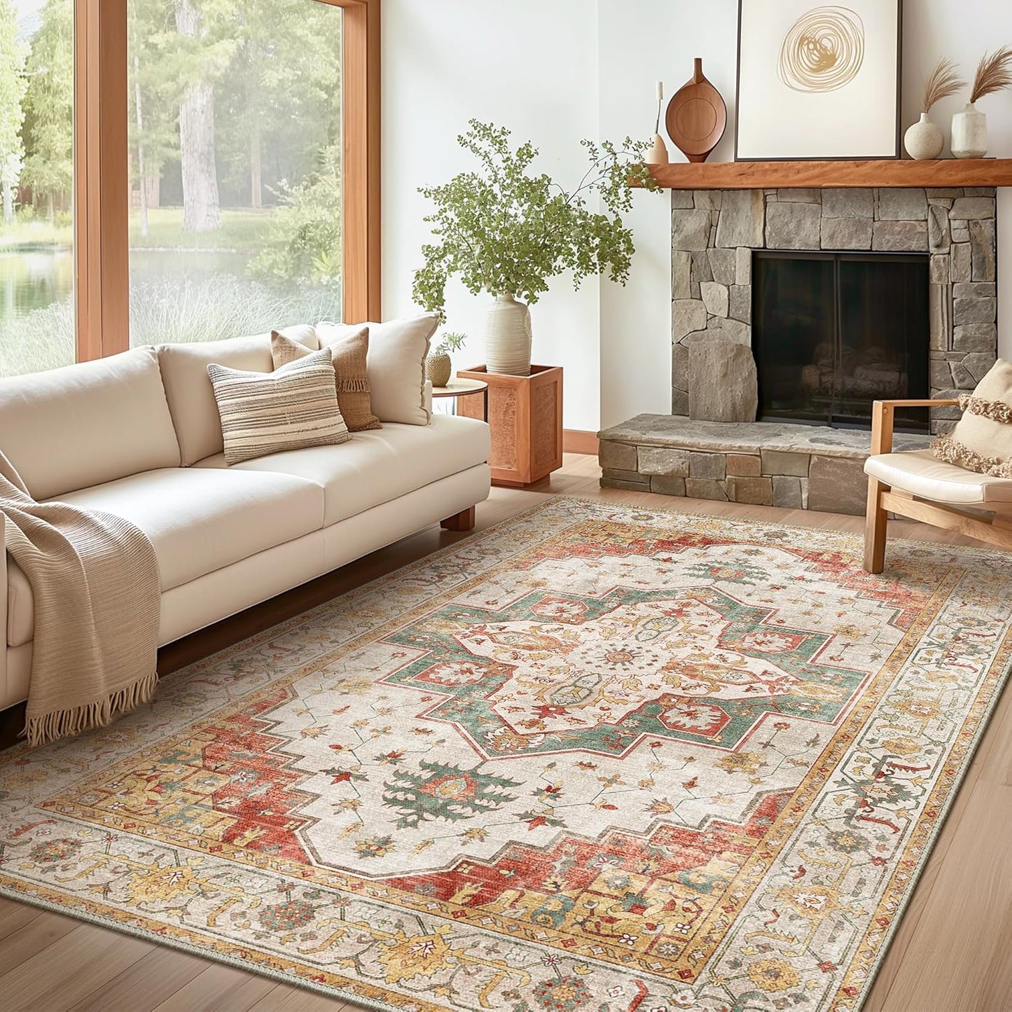 8X10 Area Rugs Machine Washable Rugs for Living Room, Vintage Boho Large Rugs for Bedroom Dining Room, Non Slip Indoor Soft Distressed Lightweight Thin Low Pile Carpet, Yellow Slate Green