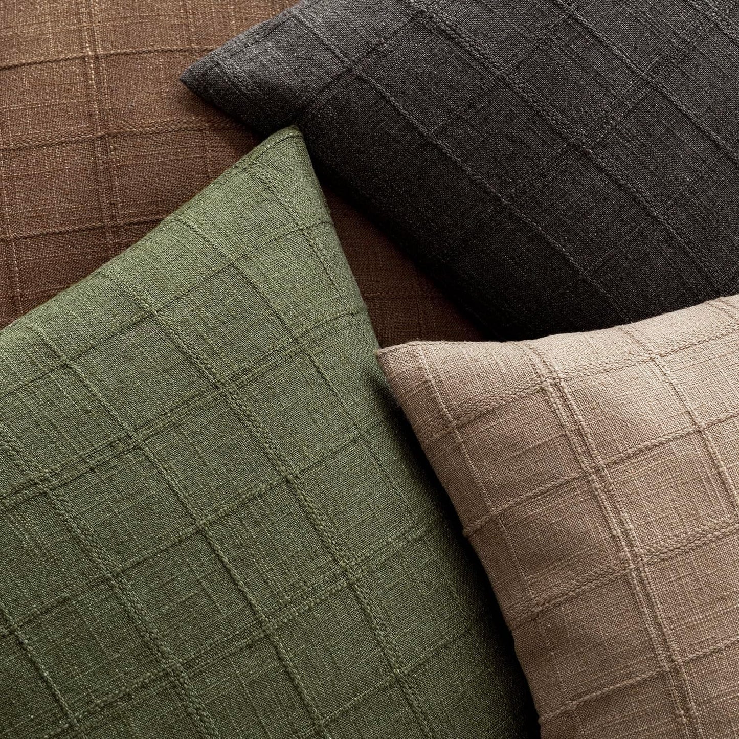 Foindtower Set of 2 Decorative Linen Check Throw Pillow Covers Neutral Farmhouse Vintage Cushion Covers Modern Boho Home Decor for Sofa Chair Couch Bedroom Living Room Outdoor,16×16 Inch,Olive Green