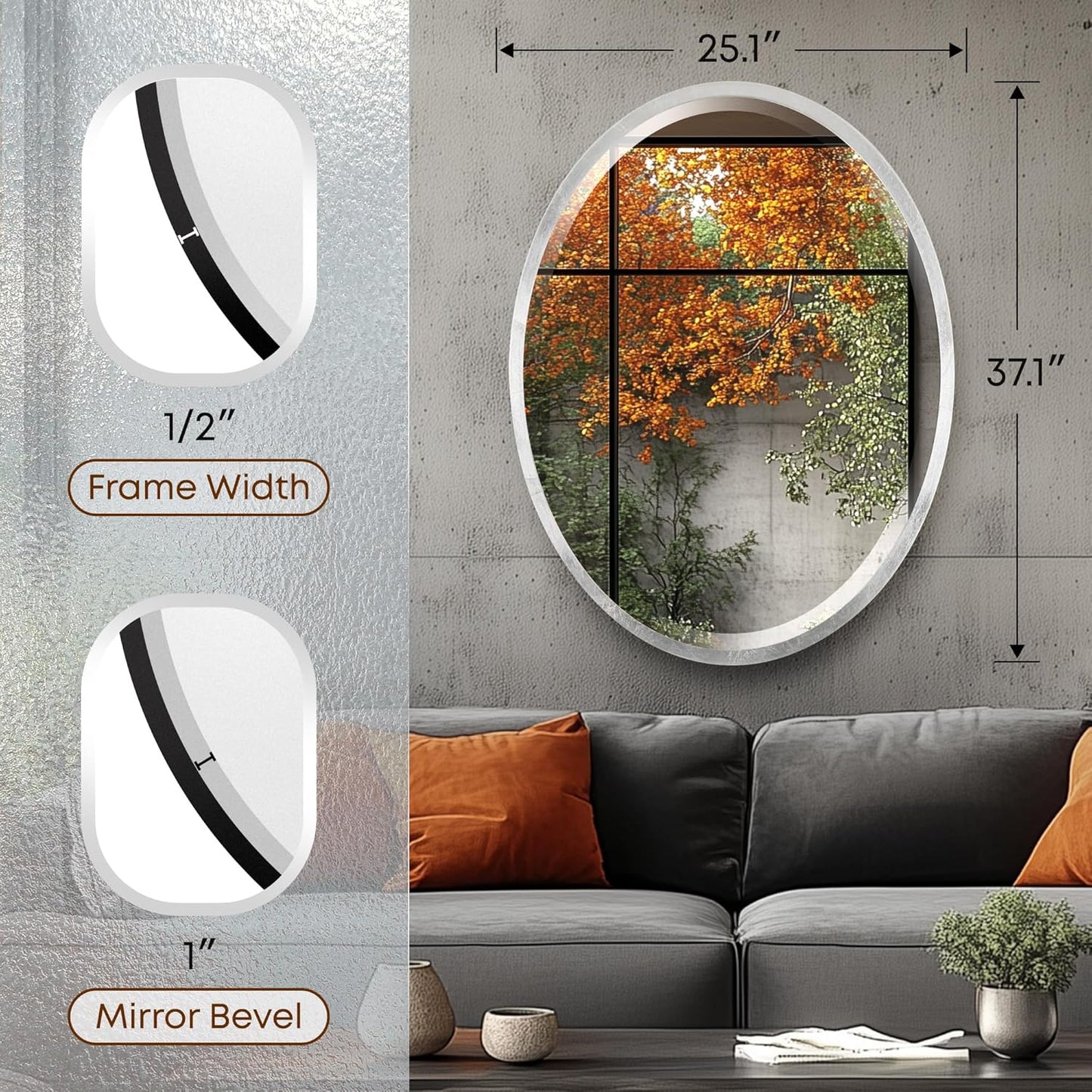 OVALCREST - Oval Wooden Beveled Wall Mirror for Home Decor, Bathroom, Vanity, Bedroom, Living Room, Hallway - London Style (Silver Leaf with Brown Antique) 25.1 x 31.1