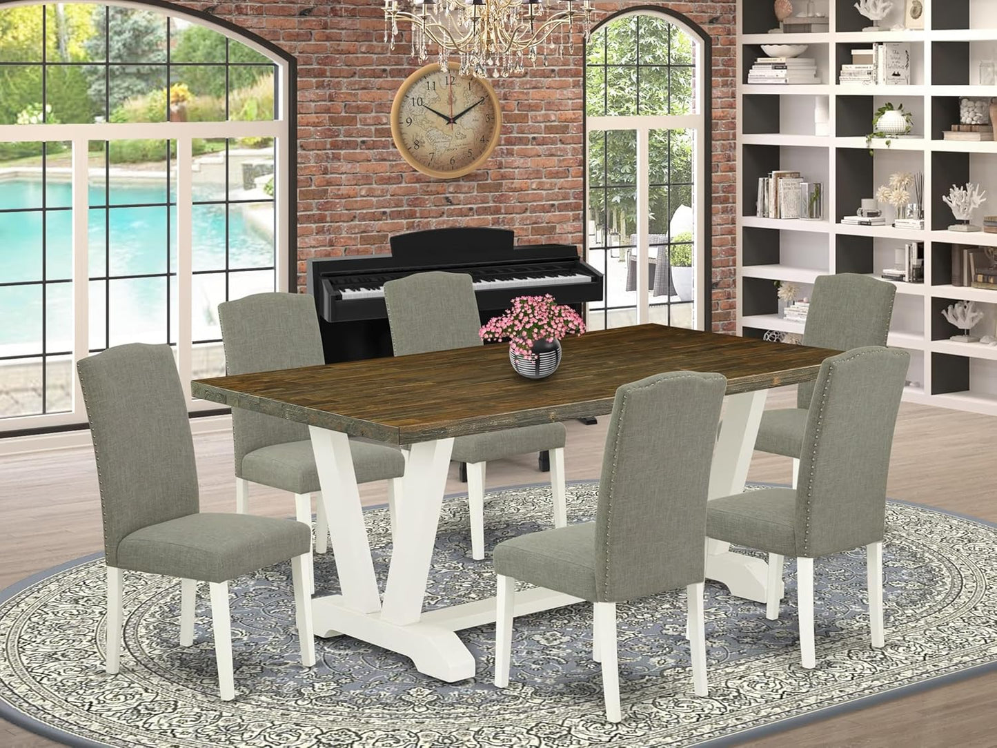 East West Furniture V077EN206-7 7 Piece Dining Room Furniture Set Consist of a Rectangle Dining Table with V-Legs and 6 Dark Shitake Linen Fabric Parsons Chairs, 40x72 Inch, Multi-Color