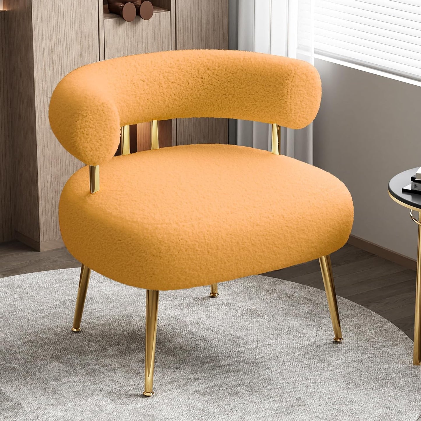 Mid Century Sherpa Boucle Accent Chair, Round Upholstered Barrel Arm Chair for Small Spaces, Fluffy Side Corner Sofa Chair for Living Room, Bedroom, Vanity, Office, Reading Nook(Yellow)