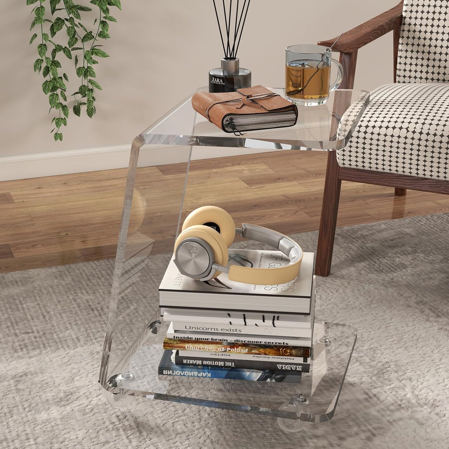 2-Pack Clear Acrylic C Shaped Side Table with Wheels, Modern End Tables for Sofa, Couch, and Bed – 15mm Thick Durable Acrylic Small Snack Laptop Tables for Living Room & Bedroom