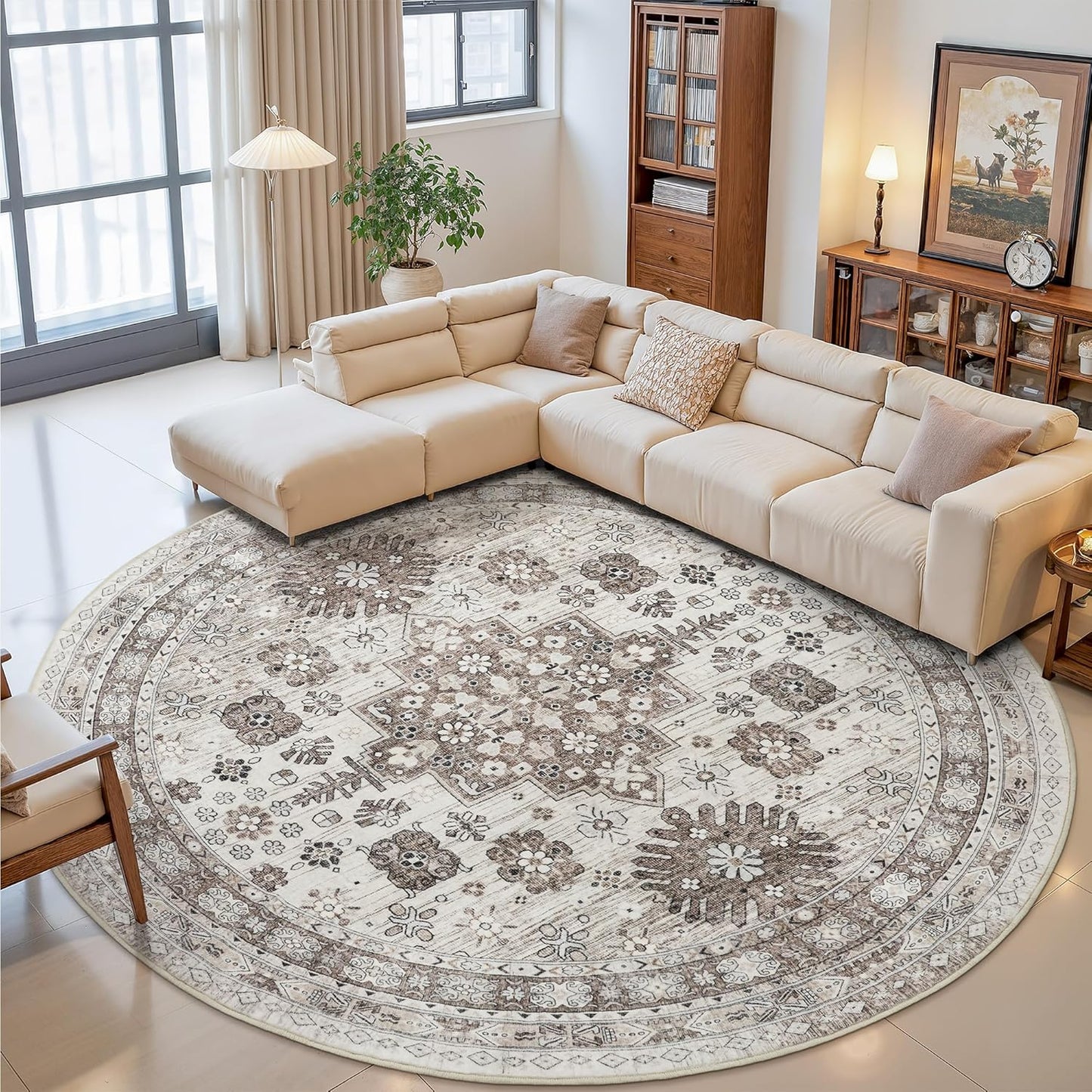 zesthome 9ft Round Rugs for Living Room, Non-Slip Washable Round Area Rugs, Ultra-Thin Large Circle Rugs, Soft Low Pile Rug for Bedroom, Kitchen - Vintage Stain Resistant Round Rug (Brown/Beige,9'x9')