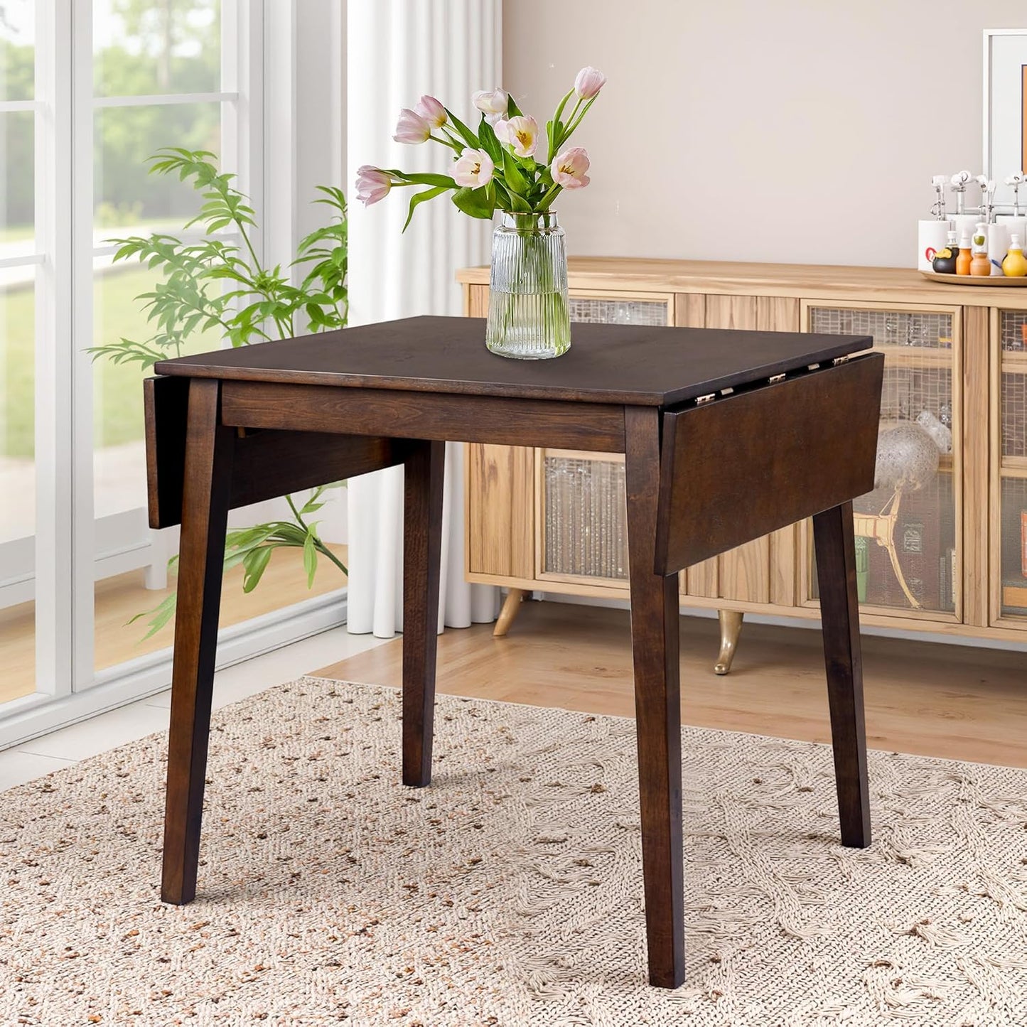29"- 45" Extendable Dining Table for 2-4, Folding Square Dinner Table Small Kitchen Dining Room Tables with Wood Legs for Small Space, Kitchen, Living Room, Dark Brown