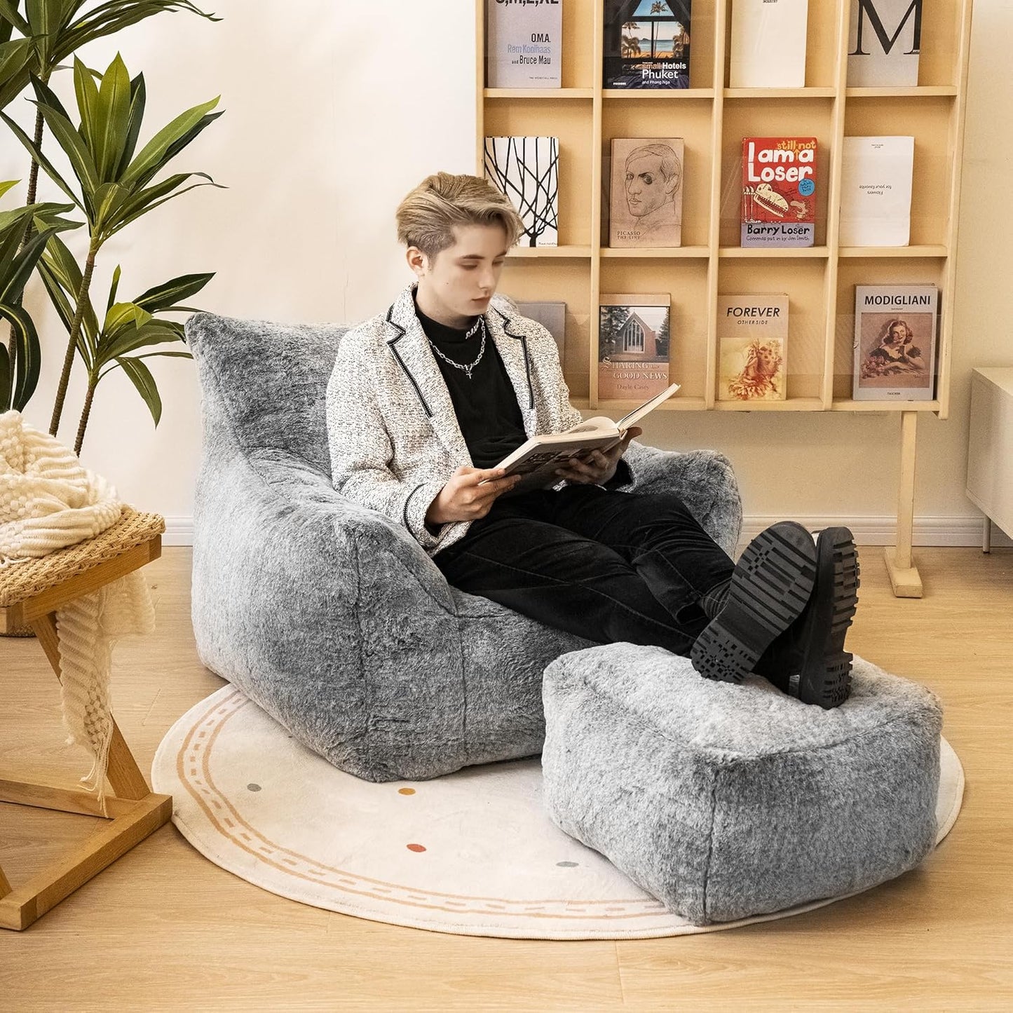 Bean Bag Chair with Ottoman, Armrest Bean Bag Chairs with Filler, Ultra Soft Fluffy Faux Fur Bean Bag Chair with Foot Rest, Plush Lazy Sofa with Foot Stool for Living Room, Dorm