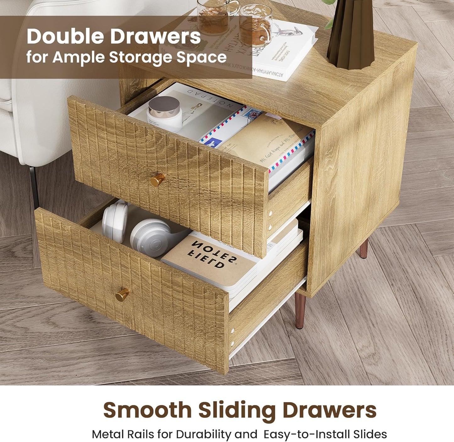 Black Night Stand Set 2,Fluted Nightstand with Door and Open Storage Space,Modern Bedside Table and Wood End Side Table with Golden Metal Legs and Handles for Bedroom,Black (Wood, 2 Drawers)