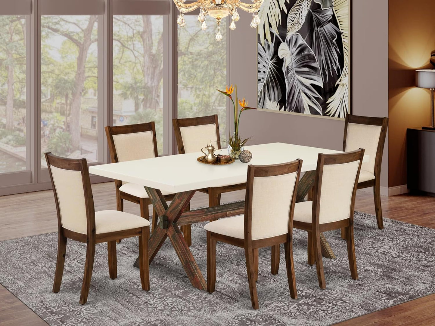 East West Furniture X727MZN32-7 7 Piece Modern Dining Table Set Consist of a Rectangle Wooden Table with X-Legs and 6 Light Beige Linen Fabric Upholstered Chairs, 40x72 Inch, Multi-Color