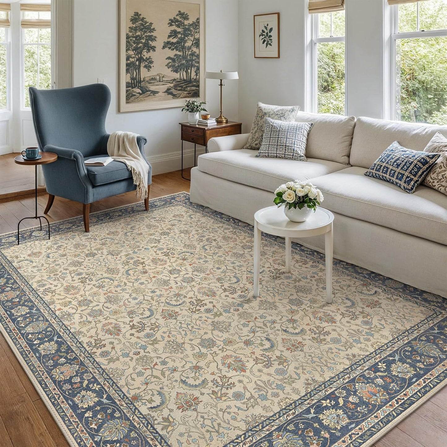 8X10 Area Rugs Machine Washable Rugs for Living Room, Vintage Boho Large Rugs for Bedroom Dining Room, Non Slip Indoor Soft Distressed Lightweight Thin Low Pile Carpet, Ivory Navy Blue