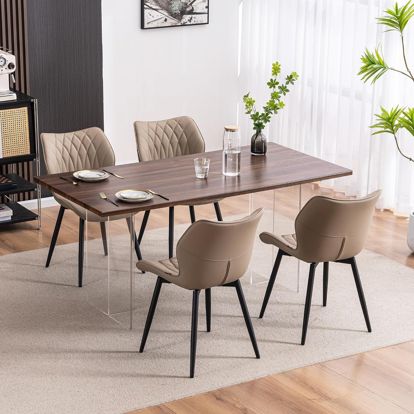 YOUNIKE Dining Chairs Set of 2, Upholstered Leather Kitchen Dining Room Chairs, Modern Living Room Chairs with Wide Curved Back and Metal Legs, Khaki Taupe