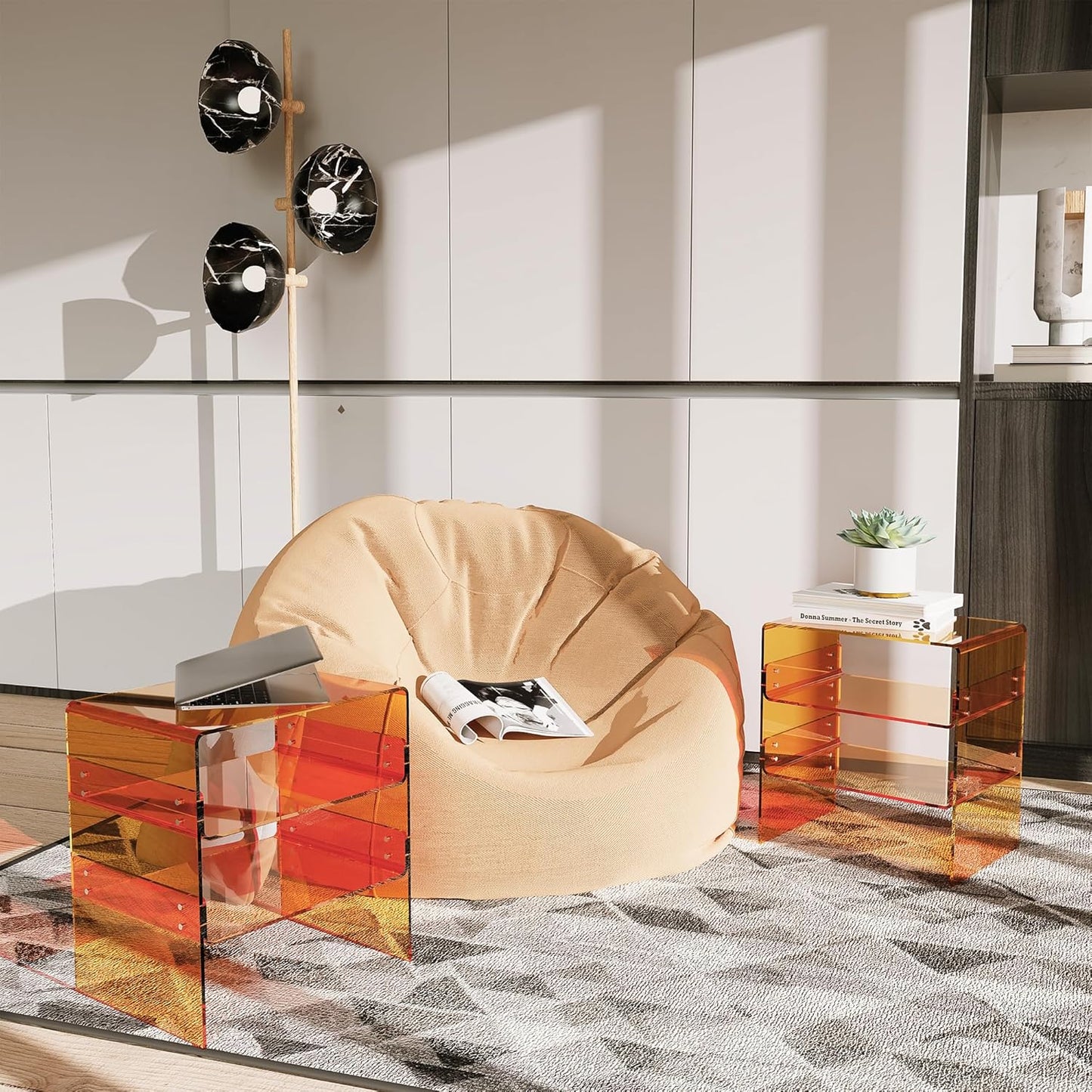 Acrylic 2-Tier Side Table with Storage Mini Modern End Table/Nightstand with Double Shelves for Bedroom, Living Room, and Bathroom Easy Assembly Orange