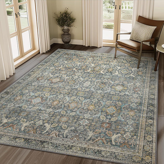 5X7 Area Rugs Machine Washable Rugs for Living Room, Vintage Boho Large Rugs for Bedroom Dining Room, Non Slip Indoor Soft Distressed Lightweight Thin Low Pile Carpet, Terracotta